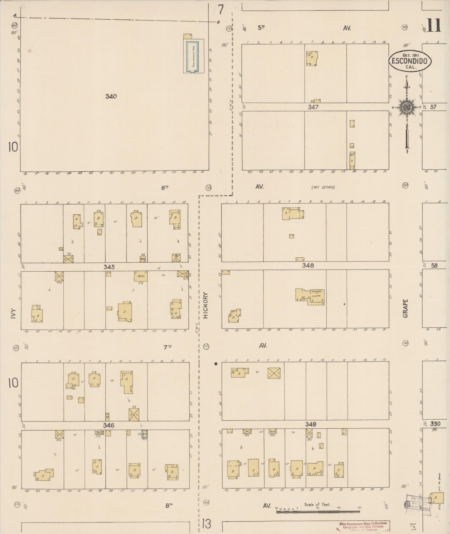 Sanborn Fire Insurance Map from Escondido, San Diego County, California (1911), Sheet #0011 - Historic Sanborn Fire Insurance Map Print, vintage old map wall art, antique decor, genealogy gift, California California map