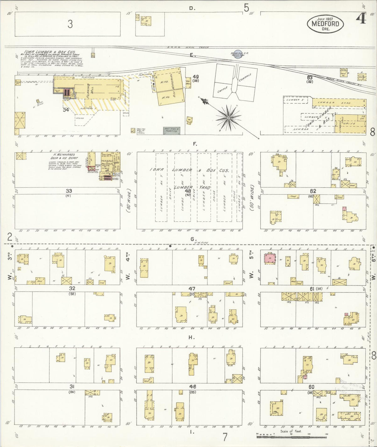 Sanborn Fire Insurance Map from Medford, Jackson County, Oregon (1907), Sheet #0004 - Historic Sanborn Fire Insurance Map Print, vintage old map wall art, antique decor, genealogy gift, Oregon Oregon map
