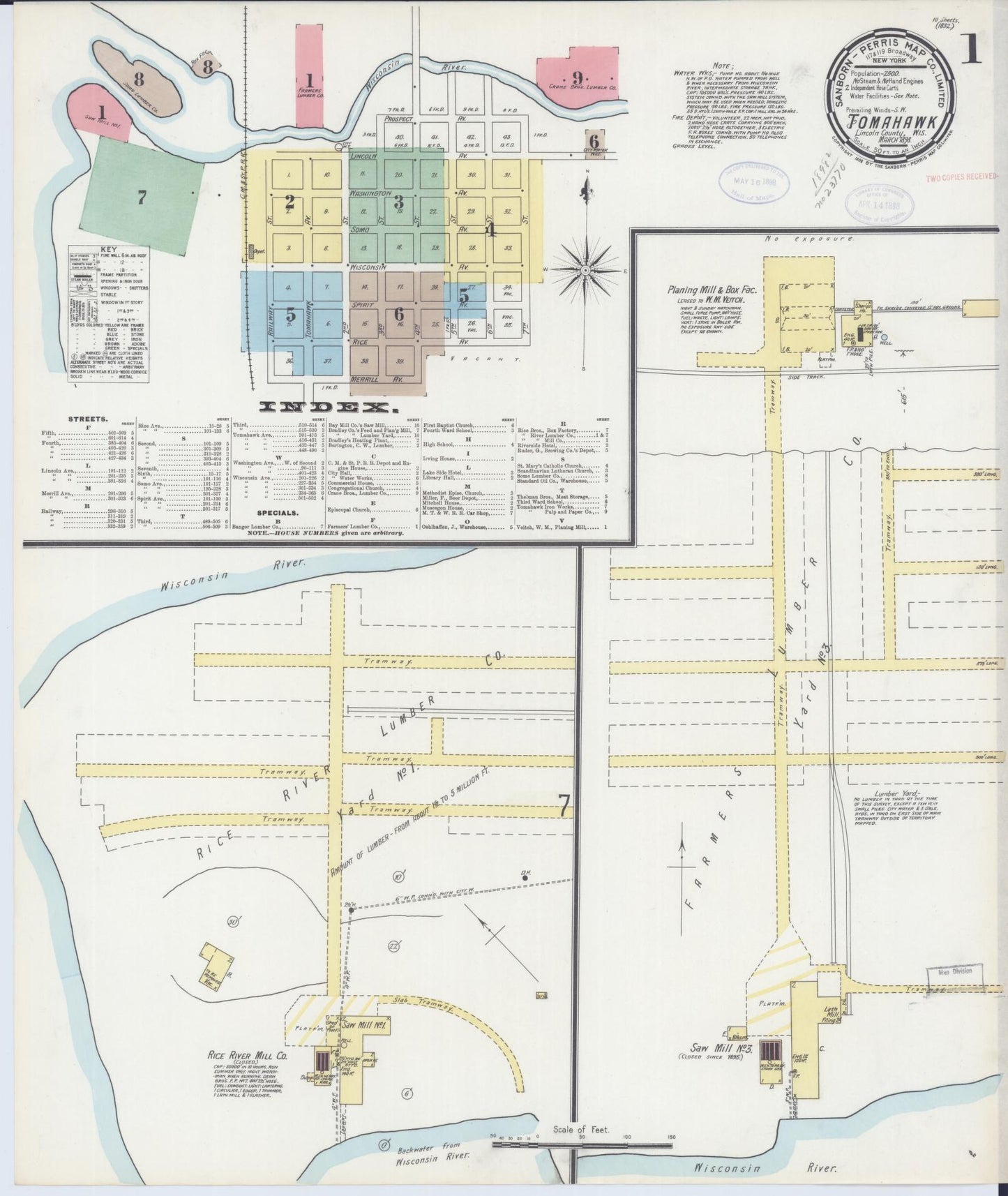 Sanborn Fire Insurance Map from Tomahawk, Lincoln County, Wisconsin (1898), Sheet #0001 - Historic Sanborn Fire Insurance Map Print, vintage old map wall art, antique decor, genealogy gift, Wisconsin Wisconsin map