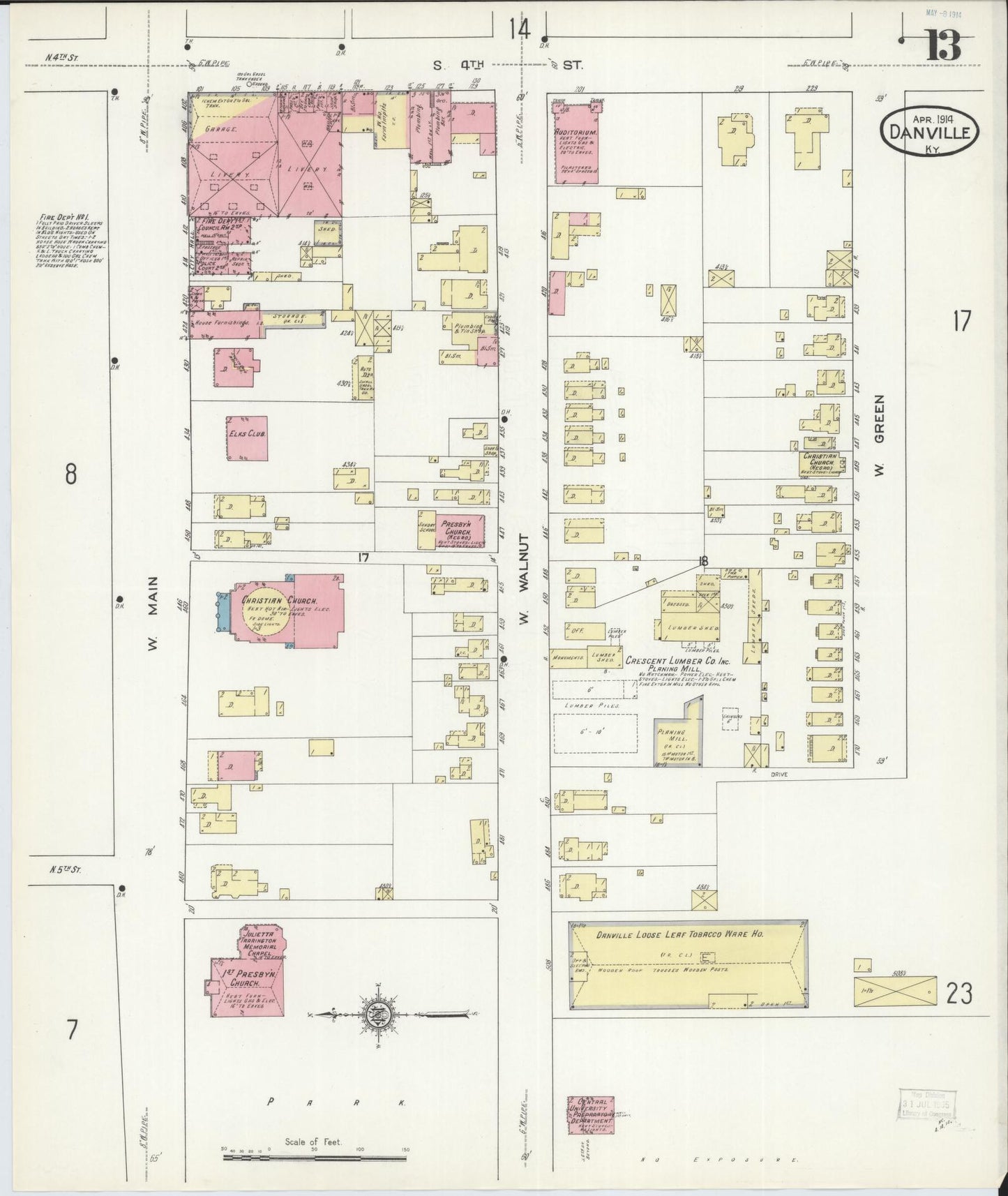 Sanborn Fire Insurance Map from Danville, Boyle County, Kentucky (1914), Sheet #0013 - Historic Sanborn Fire Insurance Map Print, vintage old map wall art, antique decor, genealogy gift, Kentucky Kentucky map