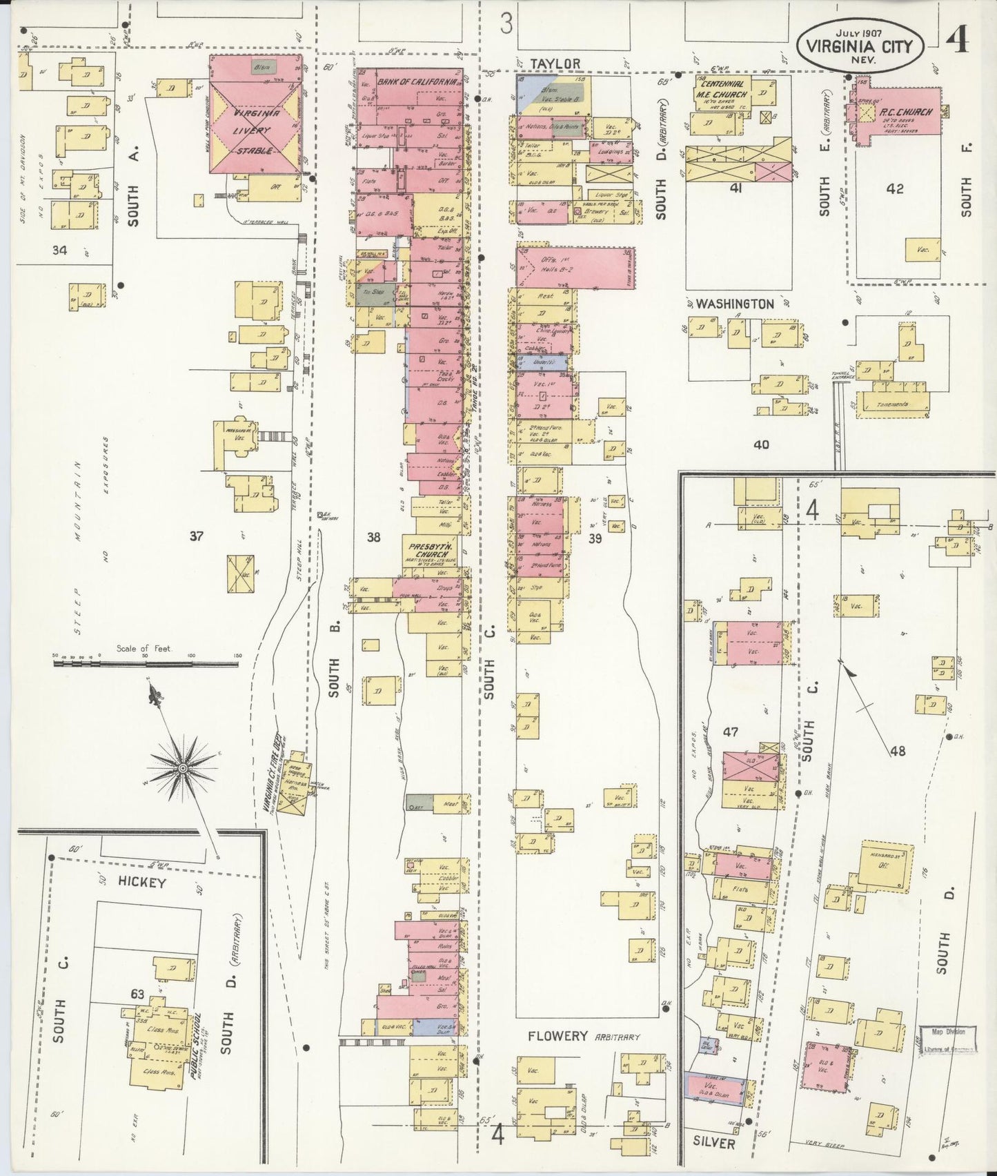 Sanborn Fire Insurance Map from Virginia City, Storey County, Nevada (1907), Sheet #0004 - Historic Sanborn Fire Insurance Map Print, vintage old map wall art, antique decor, genealogy gift, Nevada Nevada map