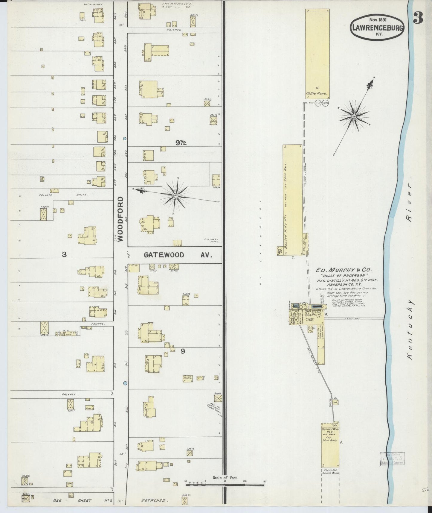 Sanborn Fire Insurance Map from Lawrenceburg, Anderson County, Kentucky (1891), Sheet #0003 - Historic Sanborn Fire Insurance Map Print, vintage old map wall art, antique decor, genealogy gift, Kentucky Kentucky map