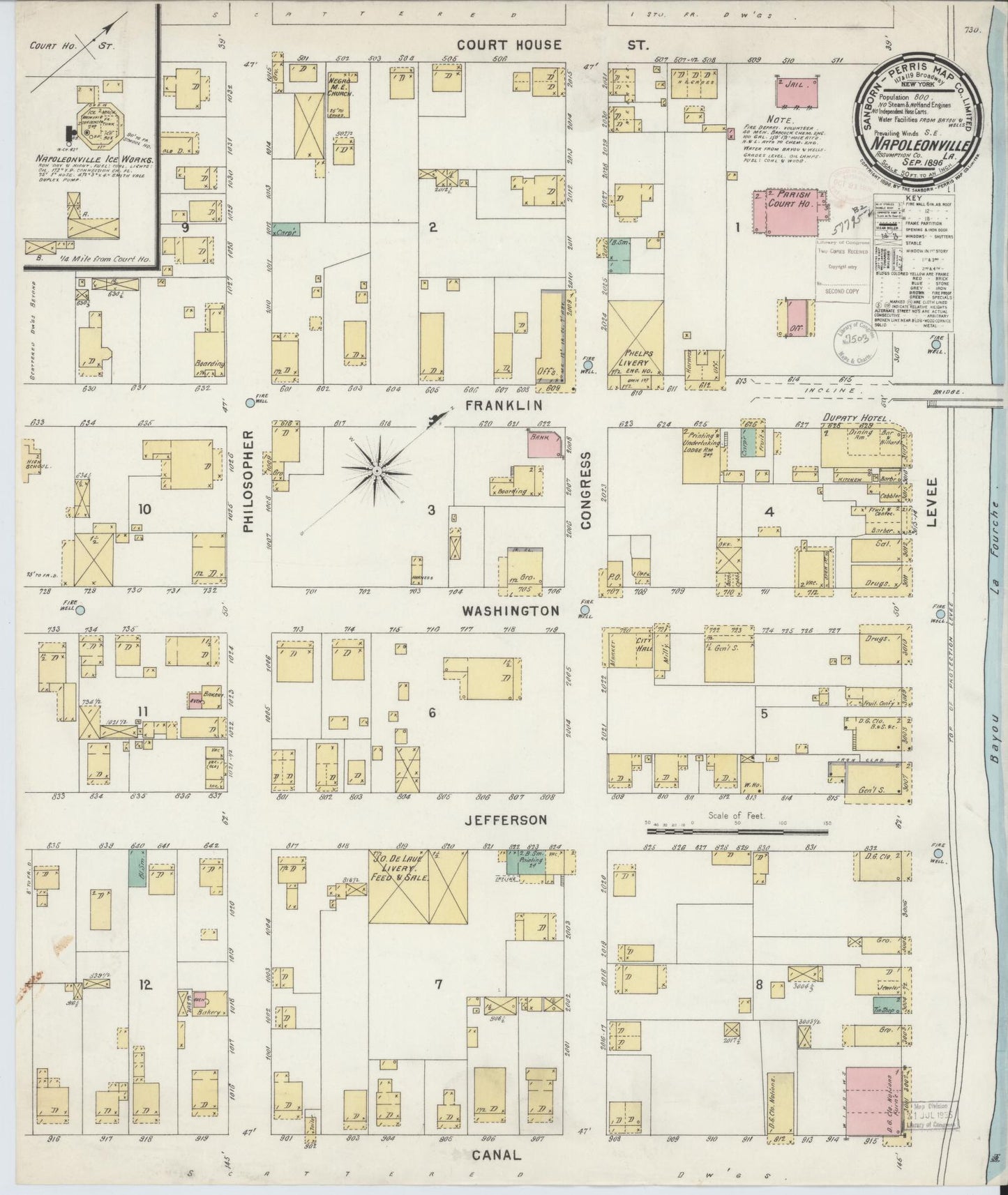 Sanborn Fire Insurance Map from Napoleonville, Assumption Parish, Louisiana (1896), Sheet #0001 - Historic Sanborn Fire Insurance Map Print, vintage old map wall art, antique decor, genealogy gift, Louisiana Louisiana map