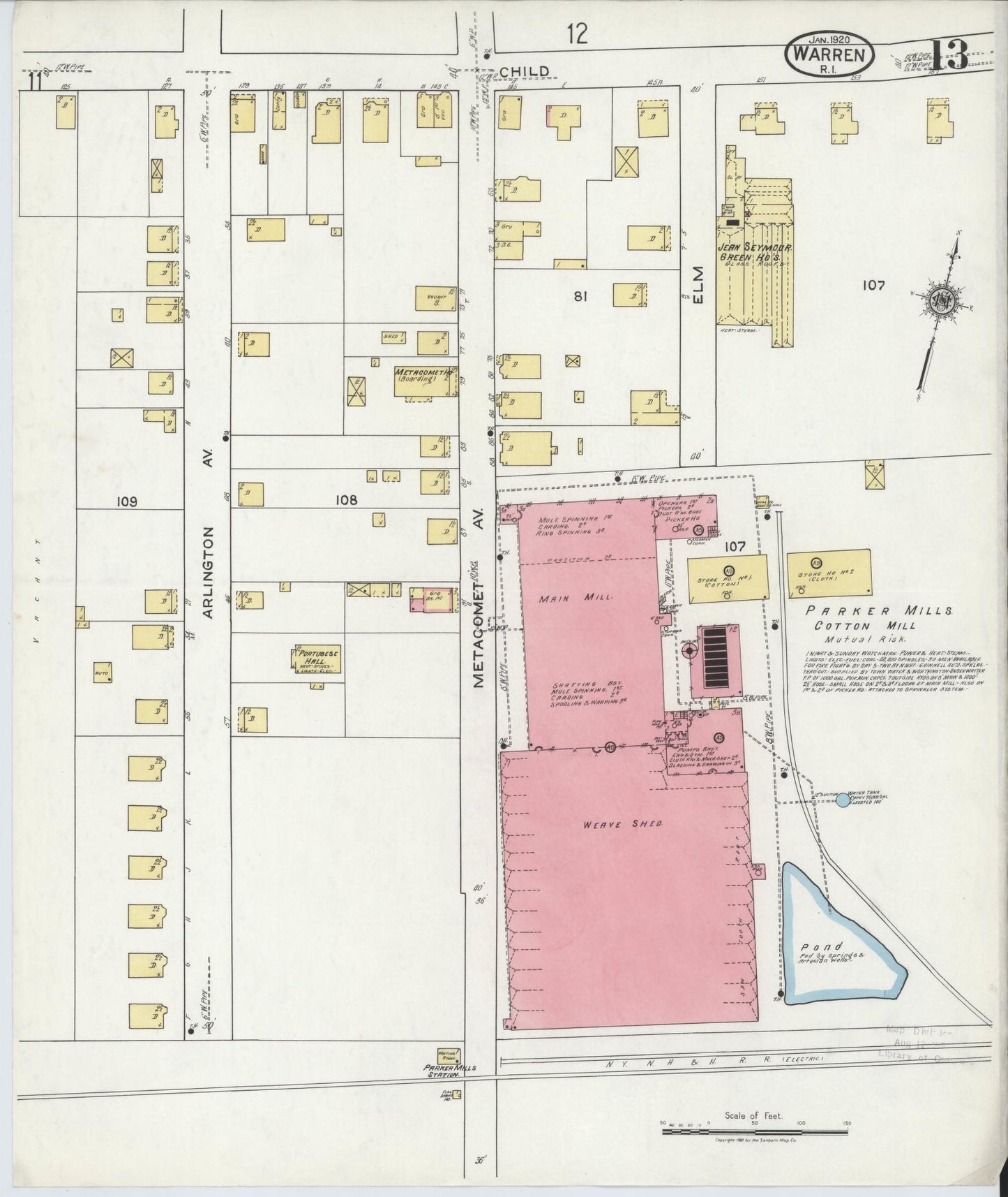 Sanborn Fire Insurance Map from Warren, Bristol County, Rhode Island (1920), Sheet #0013 - Historic Sanborn Fire Insurance Map Print, vintage old map wall art, antique decor, genealogy gift, Rhode Island Rhode Island map