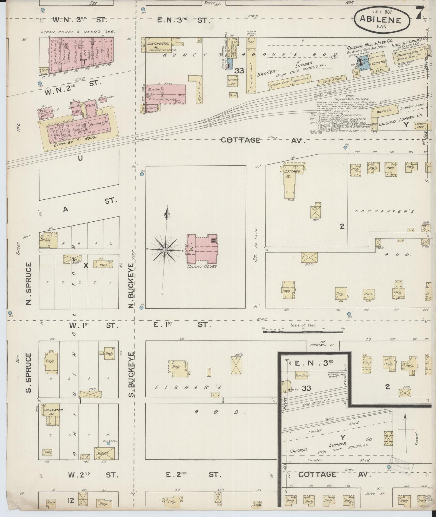 Sanborn Fire Insurance Map from Abilene, Dickinson County, Kansas (1887), Sheet #0007 - Historic Sanborn Fire Insurance Map Print, vintage old map wall art, antique decor, genealogy gift, Kansas Kansas map