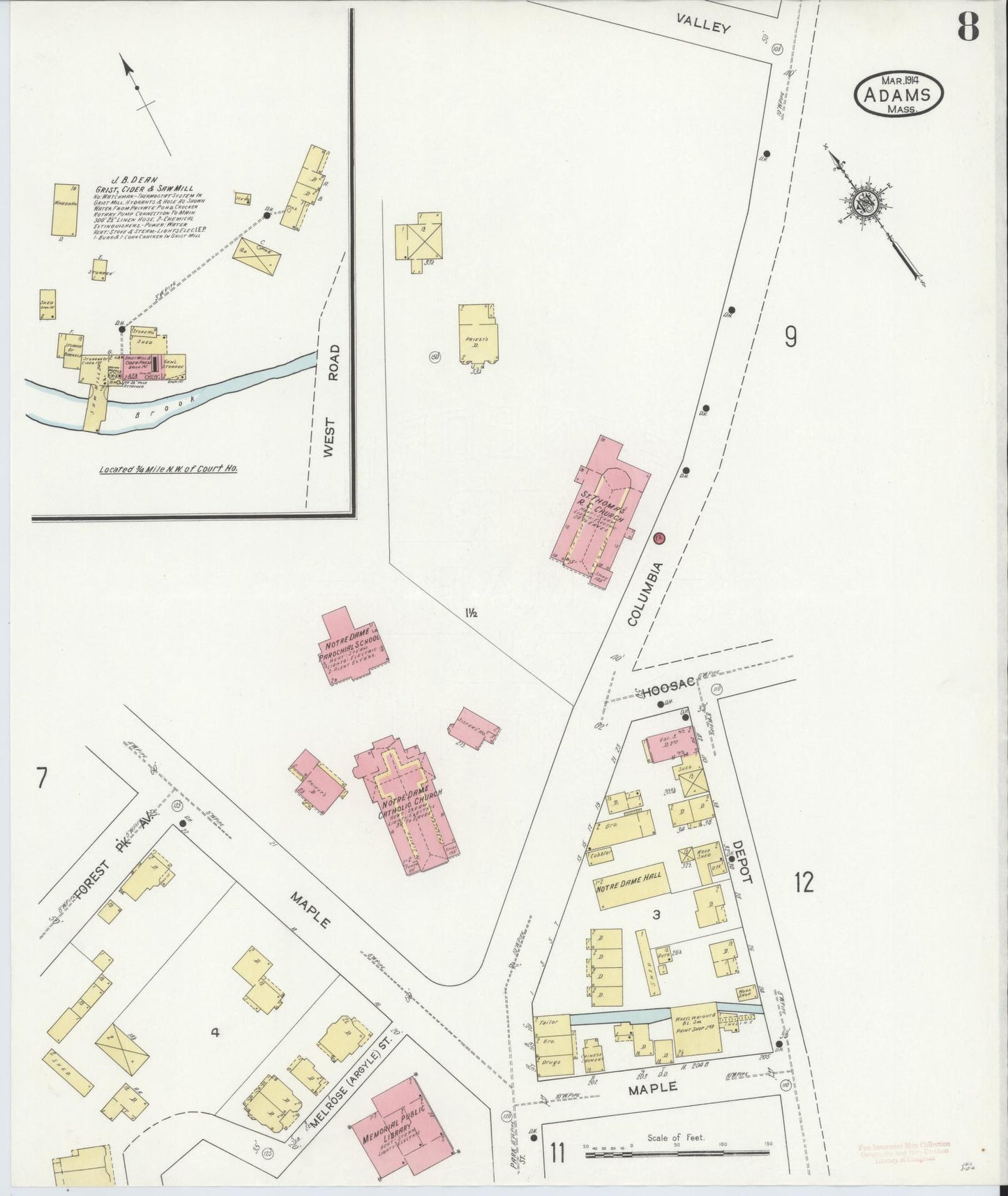 Sanborn Fire Insurance Map from Adams, Berkshire County, Massachusetts (1914), Sheet #0008 - Historic Sanborn Fire Insurance Map Print, vintage old map wall art, antique decor, genealogy gift, Massachusetts Massachusetts map