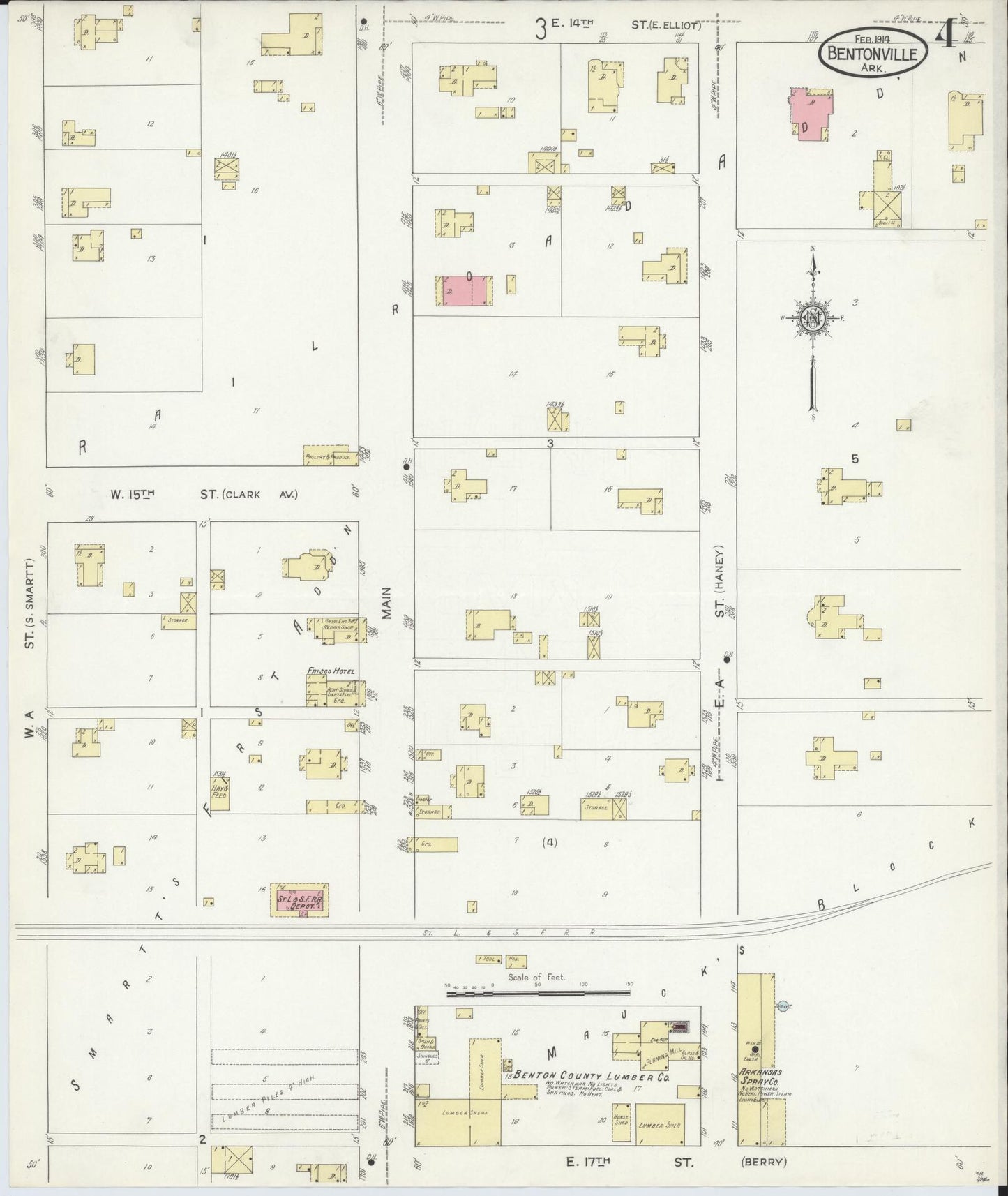 Sanborn Fire Insurance Map from Bentonville, Benton County, Arkansas (1914), Sheet #0004 - Historic Sanborn Fire Insurance Map Print, vintage old map wall art, antique decor, genealogy gift, Arkansas Arkansas map