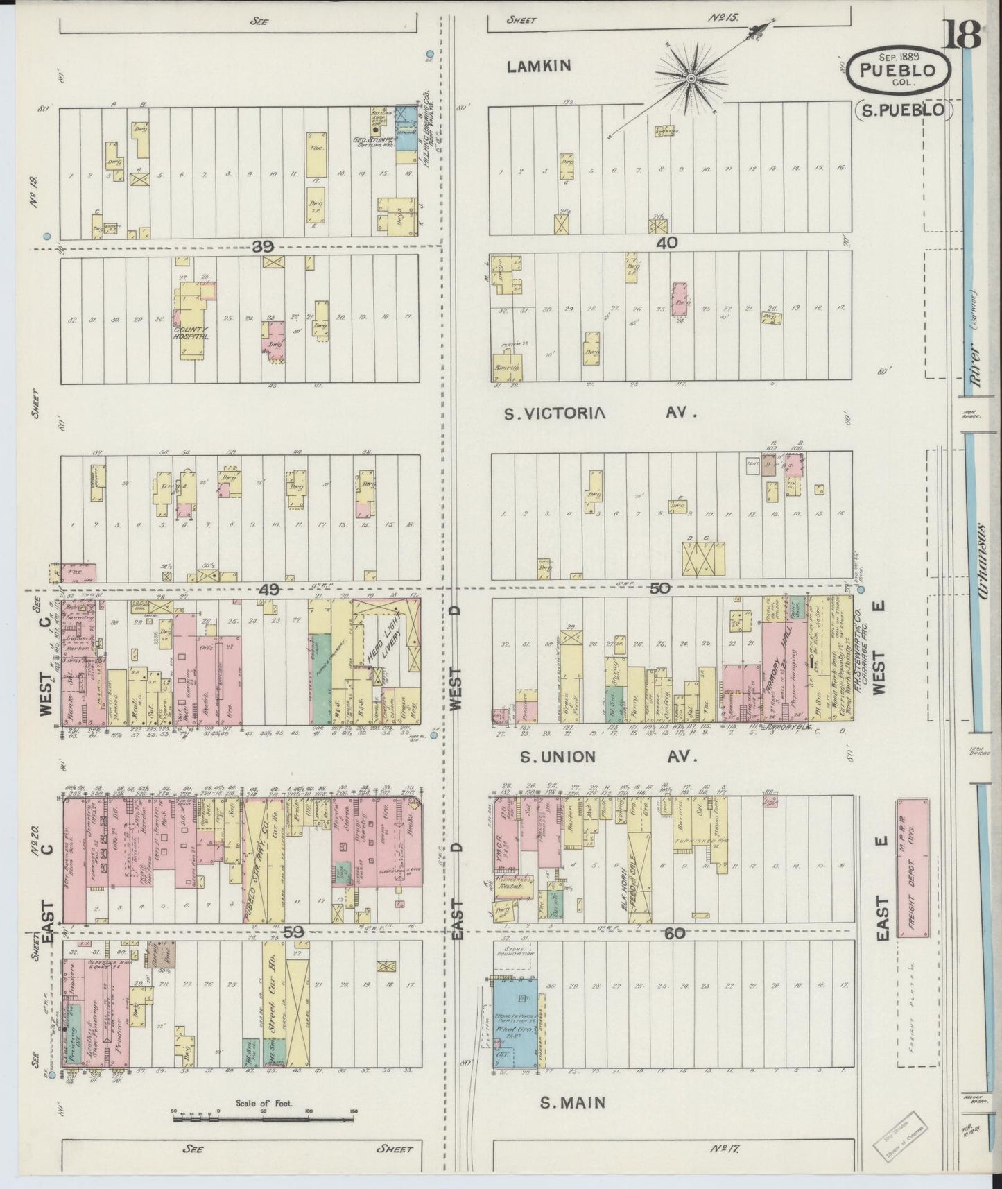 Sanborn Fire Insurance Map from Pueblo, Pueblo County, Colorado (1889), Sheet #0018 - Historic Sanborn Fire Insurance Map Print, vintage old map wall art, antique decor, genealogy gift, Colorado Colorado map