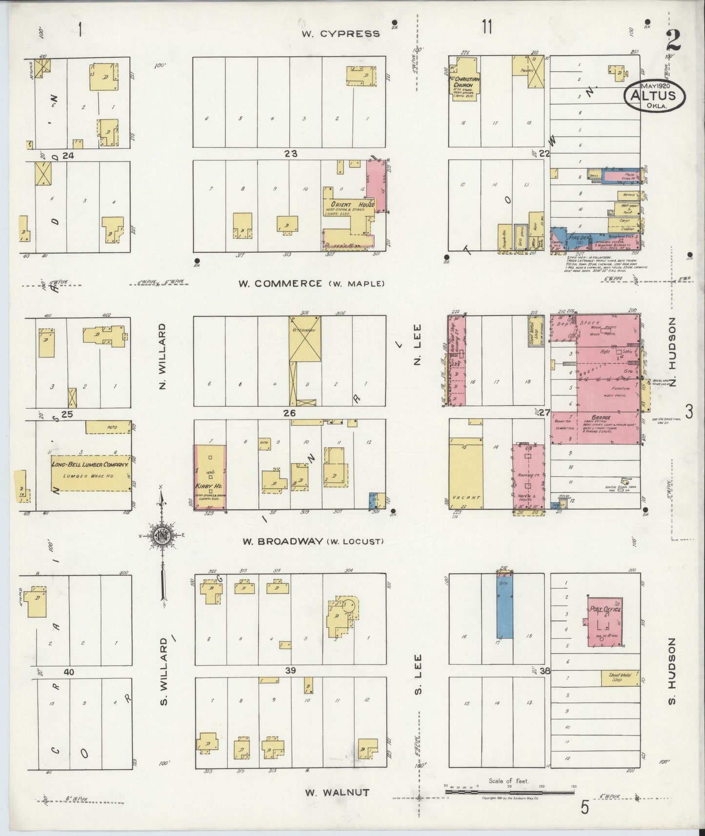 Sanborn Fire Insurance Map from Altus, Jackson County, Oklahoma (1920), Sheet #0002 - Historic Sanborn Fire Insurance Map Print, vintage old map wall art, antique decor, genealogy gift, Oklahoma Oklahoma map