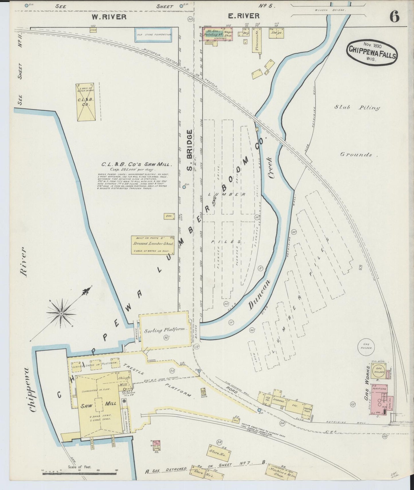 Sanborn Fire Insurance Map from Chippewa Falls, Chippewa County, Wisconsin (1890), Sheet #0006 - Historic Sanborn Fire Insurance Map Print, vintage old map wall art, antique decor, genealogy gift, Wisconsin Wisconsin map