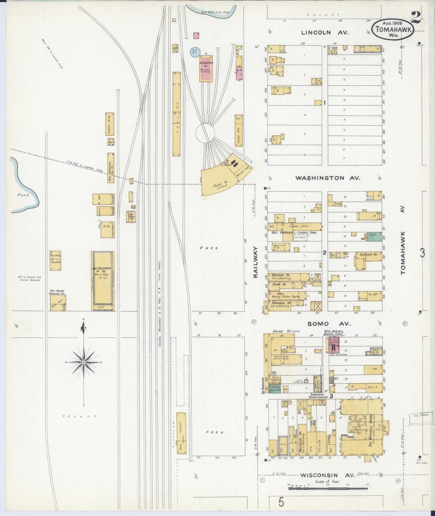 Sanborn Fire Insurance Map from Tomahawk, Lincoln County, Wisconsin (1908), Sheet #0002 - Historic Sanborn Fire Insurance Map Print, vintage old map wall art, antique decor, genealogy gift, Wisconsin Wisconsin map