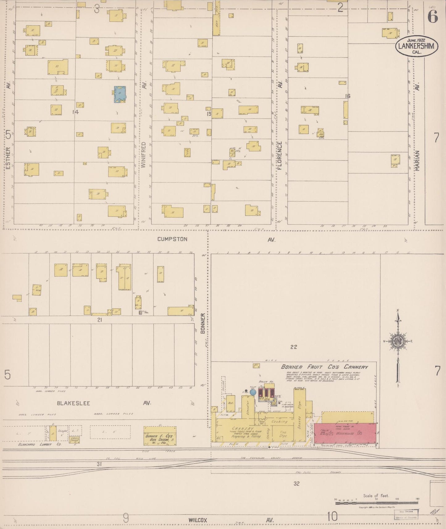 Sanborn Fire Insurance Map from Lankershim, Los Angeles County, California (1922), Sheet #0006 - Historic Sanborn Fire Insurance Map Print, vintage old map wall art, antique decor, genealogy gift, California California map
