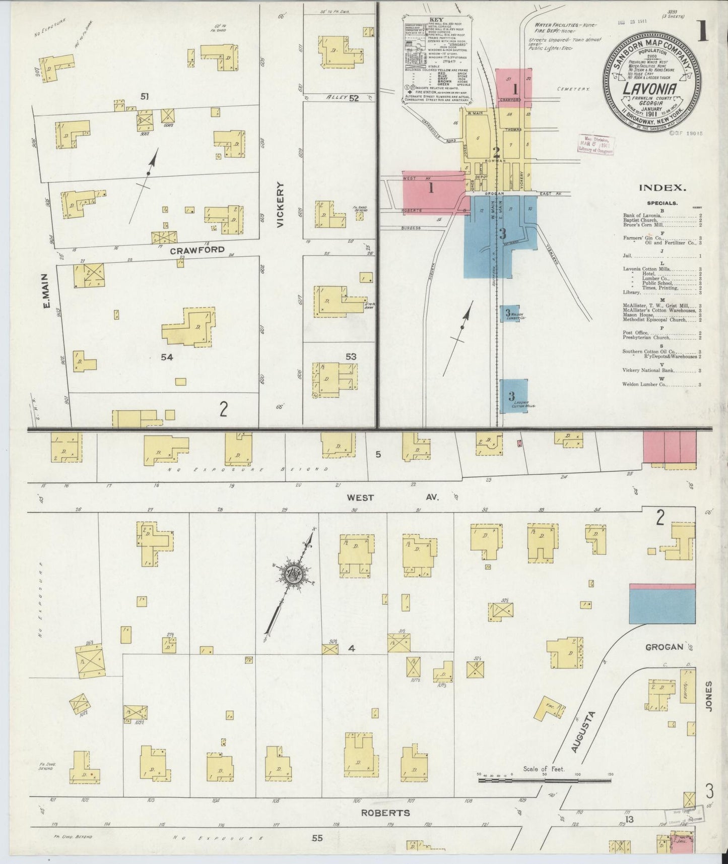 Sanborn Fire Insurance Map from Lavonia, Franklin County, Georgia (1911), Sheet #0001 - Historic Sanborn Fire Insurance Map Print, vintage old map wall art, antique decor, genealogy gift, Georgia Georgia map