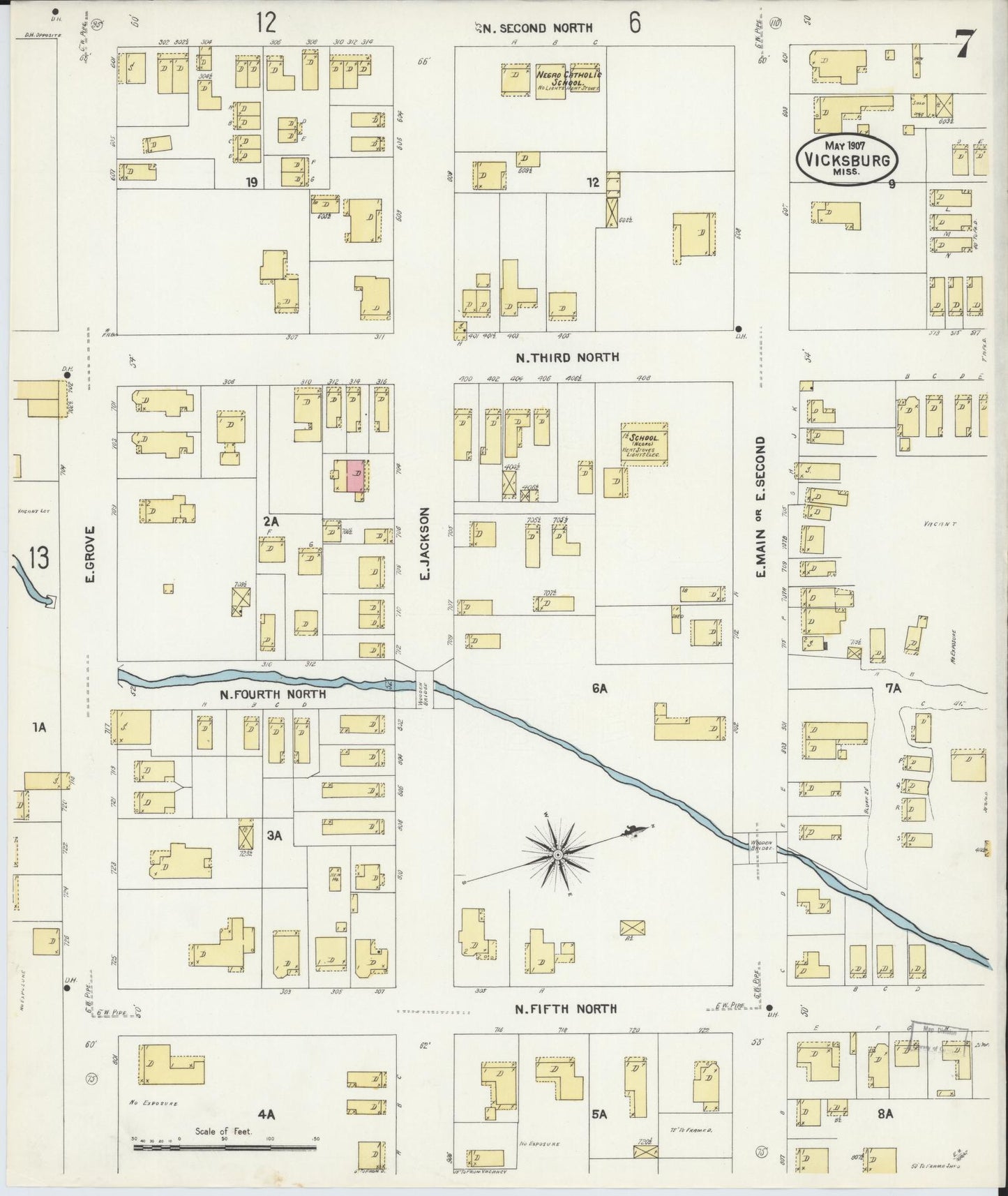 Sanborn Fire Insurance Map from Vicksburg, Warren County, Mississippi (1907), Sheet #0007 - Historic Sanborn Fire Insurance Map Print, vintage old map wall art, antique decor, genealogy gift, Mississippi Mississippi map