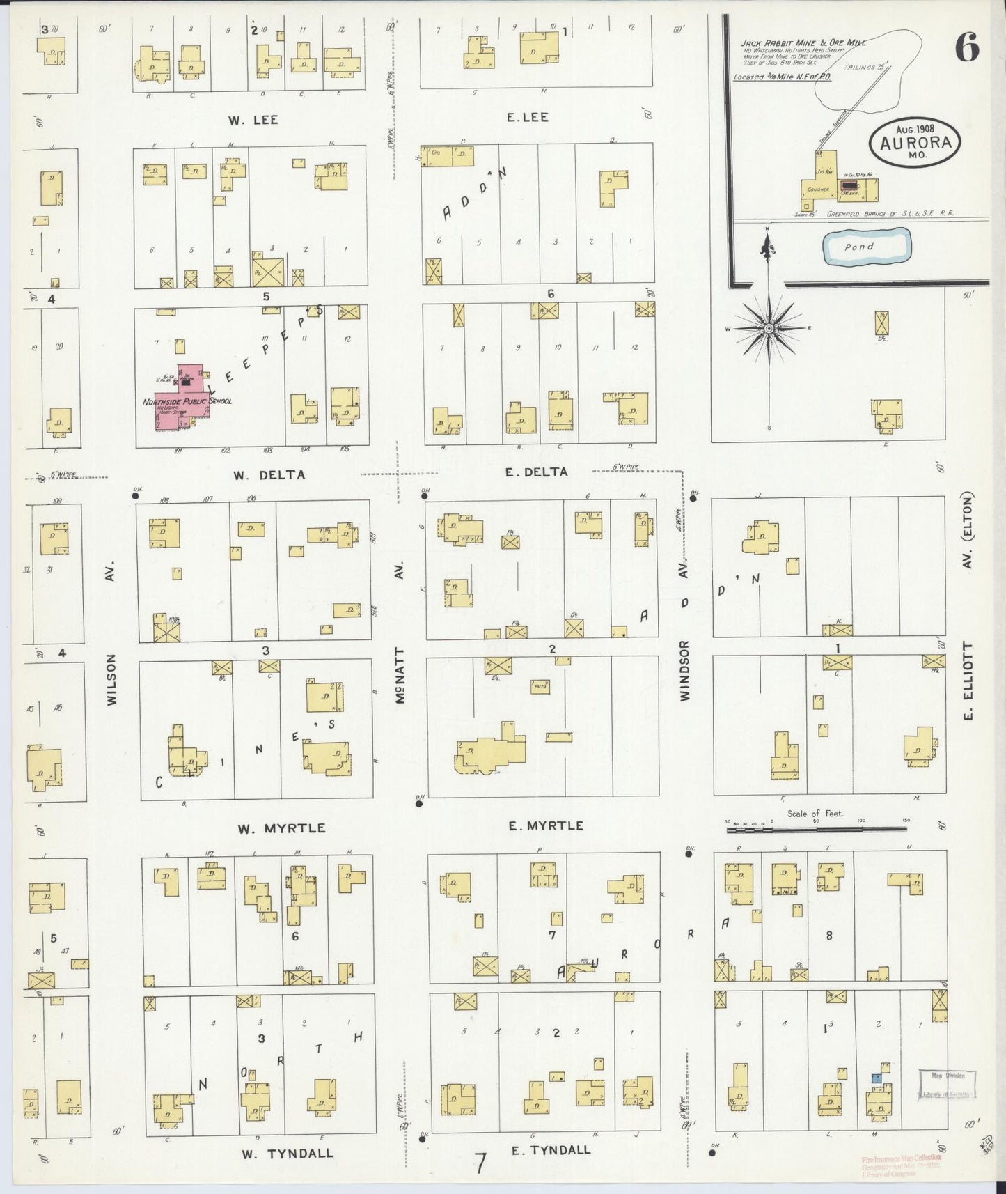 Sanborn Fire Insurance Map from Aurora, Lawrence County, Missouri (1908), Sheet #0006 - Historic Sanborn Fire Insurance Map Print, vintage old map wall art, antique decor, genealogy gift, Missouri Missouri map