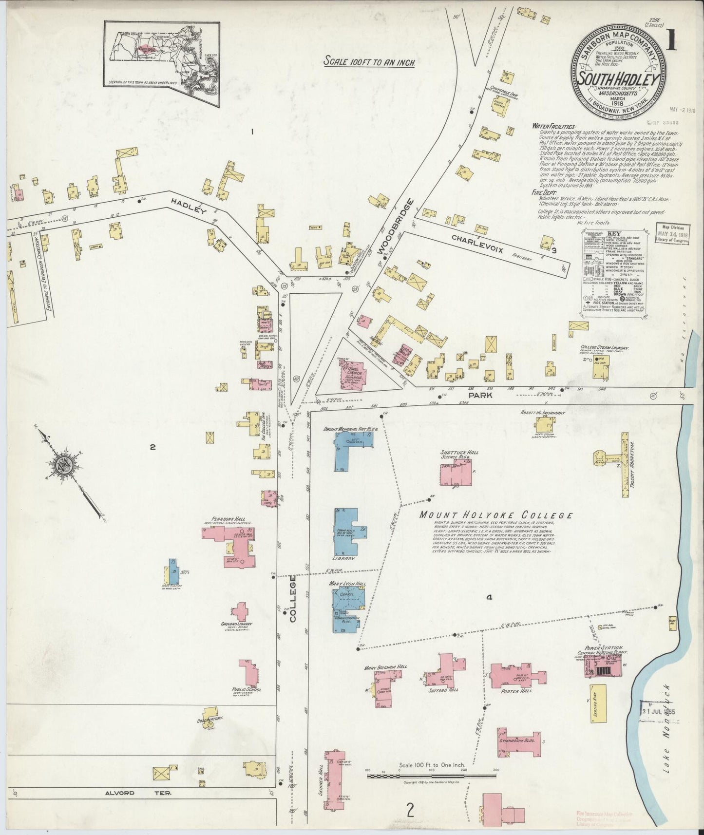 Sanborn Fire Insurance Map from South Hadley, Hampshire County, Massachusetts (1918), Sheet #0001 - Historic Sanborn Fire Insurance Map Print, vintage old map wall art, antique decor, genealogy gift, Massachusetts Massachusetts map