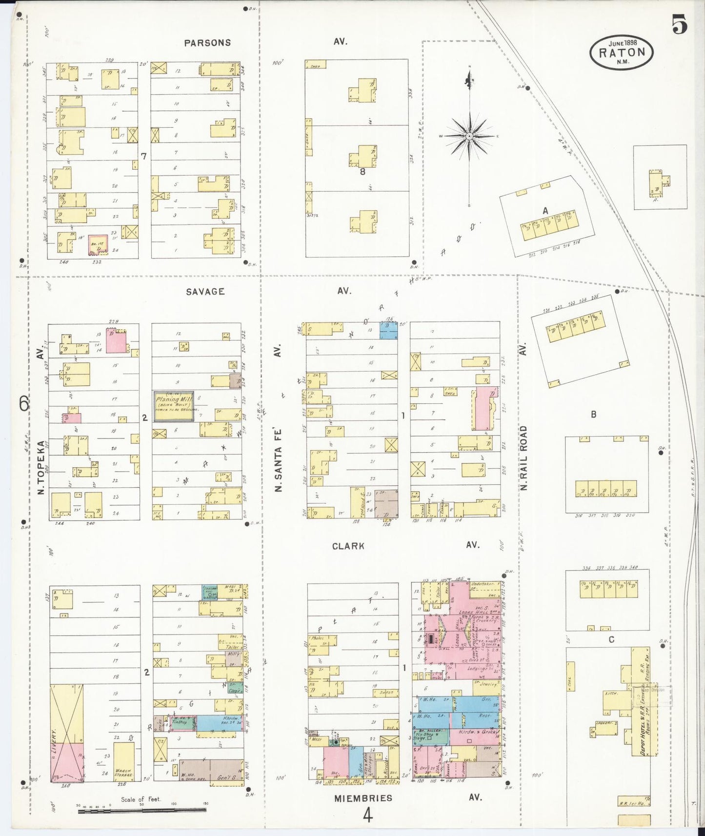Sanborn Fire Insurance Map from Raton, Colfax County, New Mexico (1898), Sheet #0005 - Historic Sanborn Fire Insurance Map Print, vintage old map wall art, antique decor, genealogy gift, New Mexico New Mexico map
