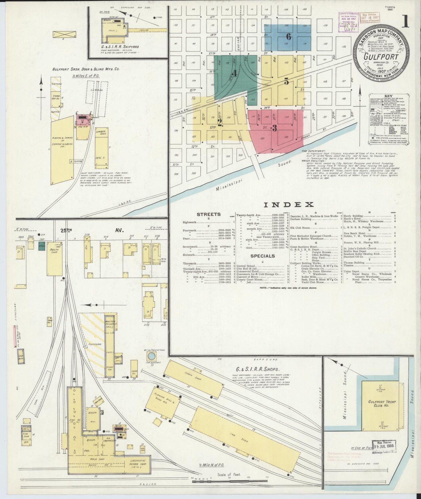 Sanborn Fire Insurance Map from Gulfport, Harrison County, Mississippi (1907), Sheet #0001 - Historic Sanborn Fire Insurance Map Print, vintage old map wall art, antique decor, genealogy gift, Mississippi Mississippi map