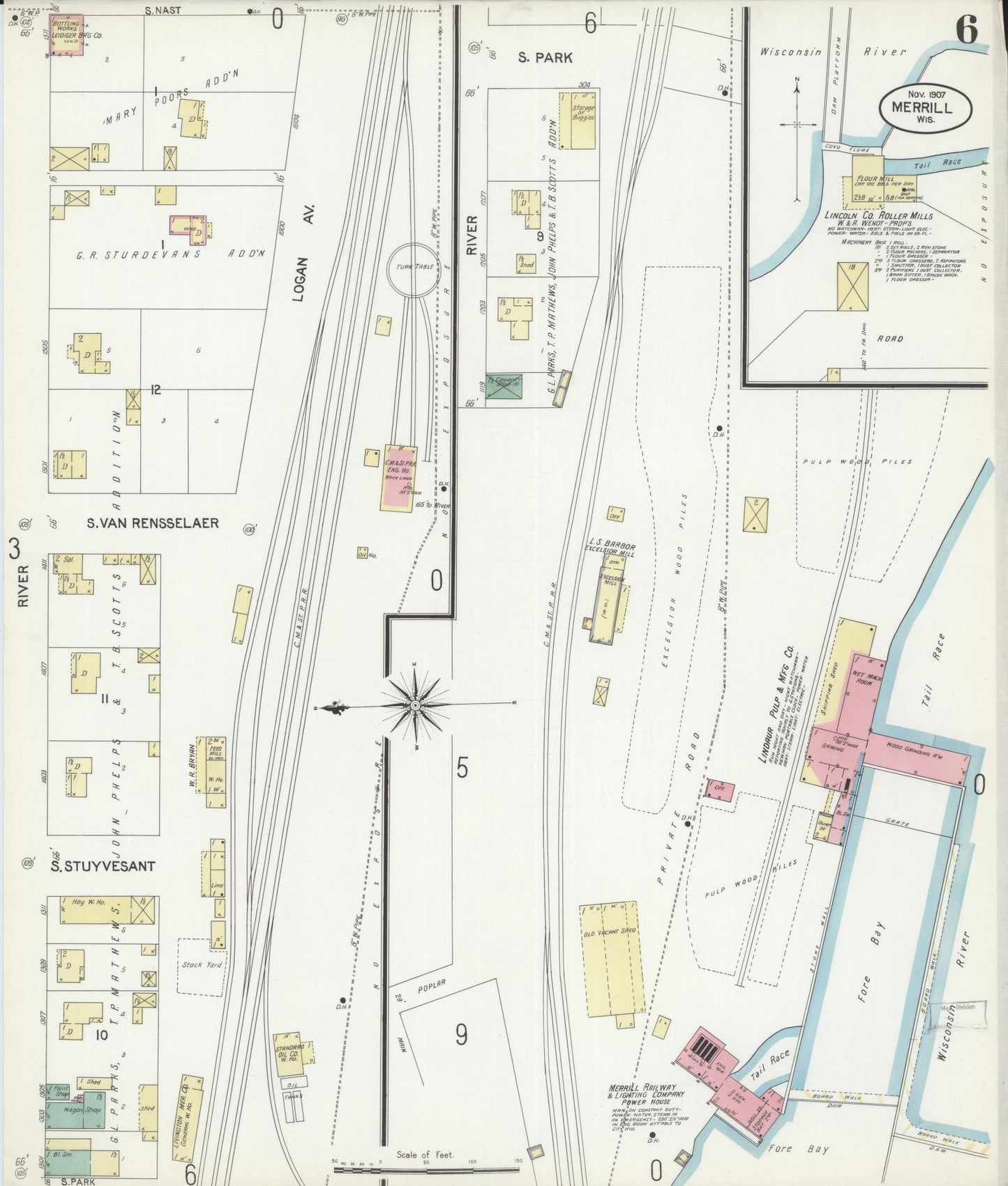 Sanborn Fire Insurance Map from Merrill, Lincoln County, Wisconsin (1907), Sheet #0006 - Historic Sanborn Fire Insurance Map Print, vintage old map wall art, antique decor, genealogy gift, Wisconsin Wisconsin map