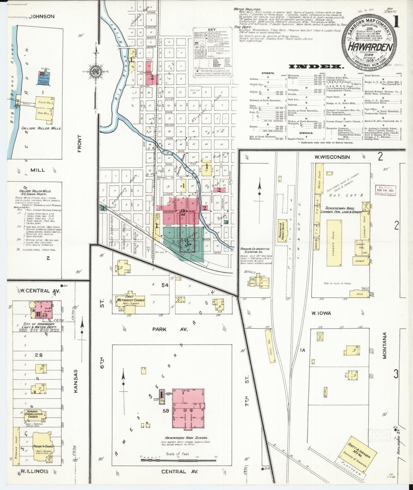 Sanborn Fire Insurance Map from Hawarden, Sioux County, Iowa (1909), Sheet #0001 - Historic Sanborn Fire Insurance Map Print, vintage old map wall art