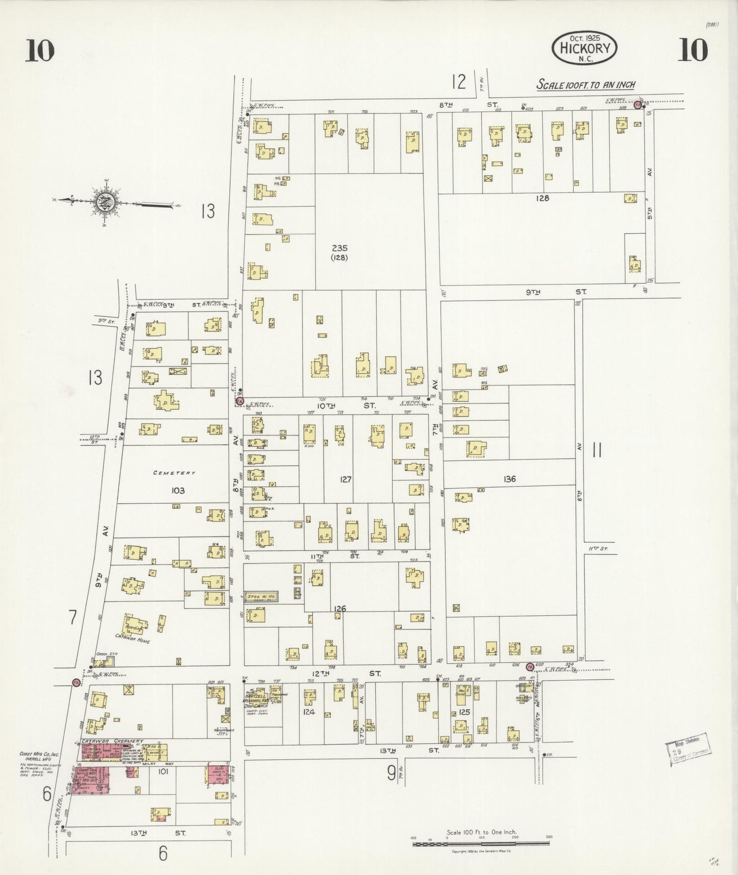 Sanborn Fire Insurance Map from Hickory, Catawba County, North Carolina (1925), Sheet #0010 - Historic Sanborn Fire Insurance Map Print, vintage old map wall art, antique decor, genealogy gift, North Carolina North Carolina map
