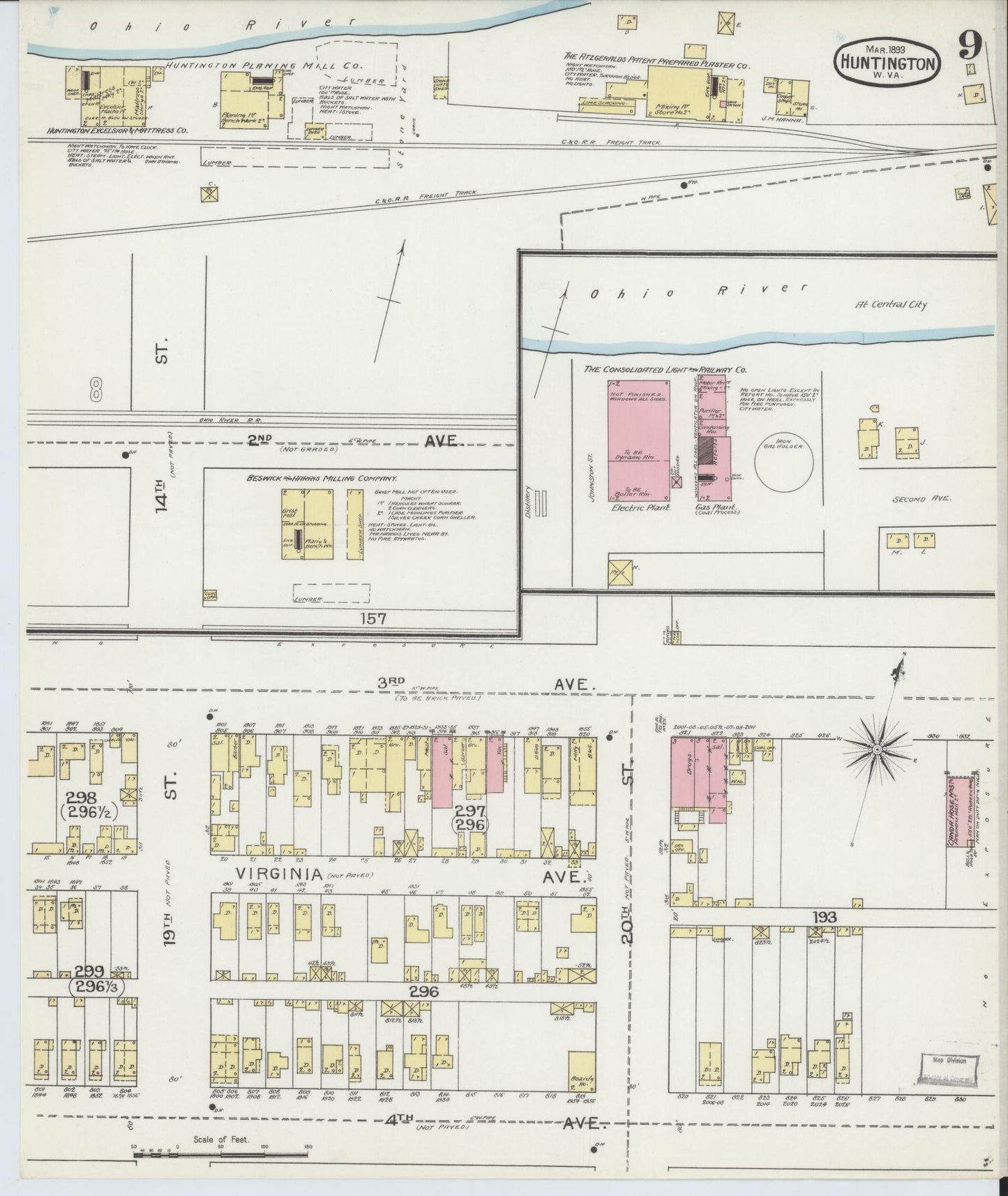 Sanborn Fire Insurance Map from Huntington, Cabell County, West Virginia (1893), Sheet #0009 - Historic Sanborn Fire Insurance Map Print, vintage old map wall art, antique decor, genealogy gift, West Virginia West Virginia map