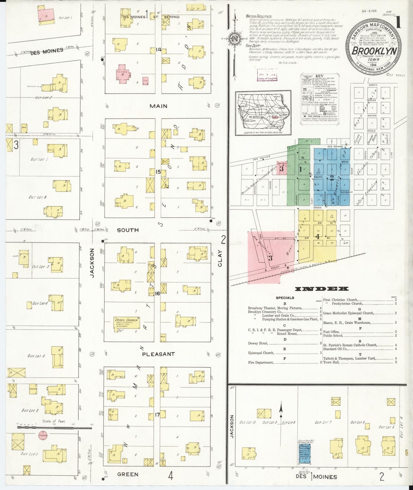 Sanborn Fire Insurance Map from Brooklyn, Poweshiek County, Iowa (1916), Sheet #0001 - Historic Sanborn Fire Insurance Map Print, vintage old map wall art