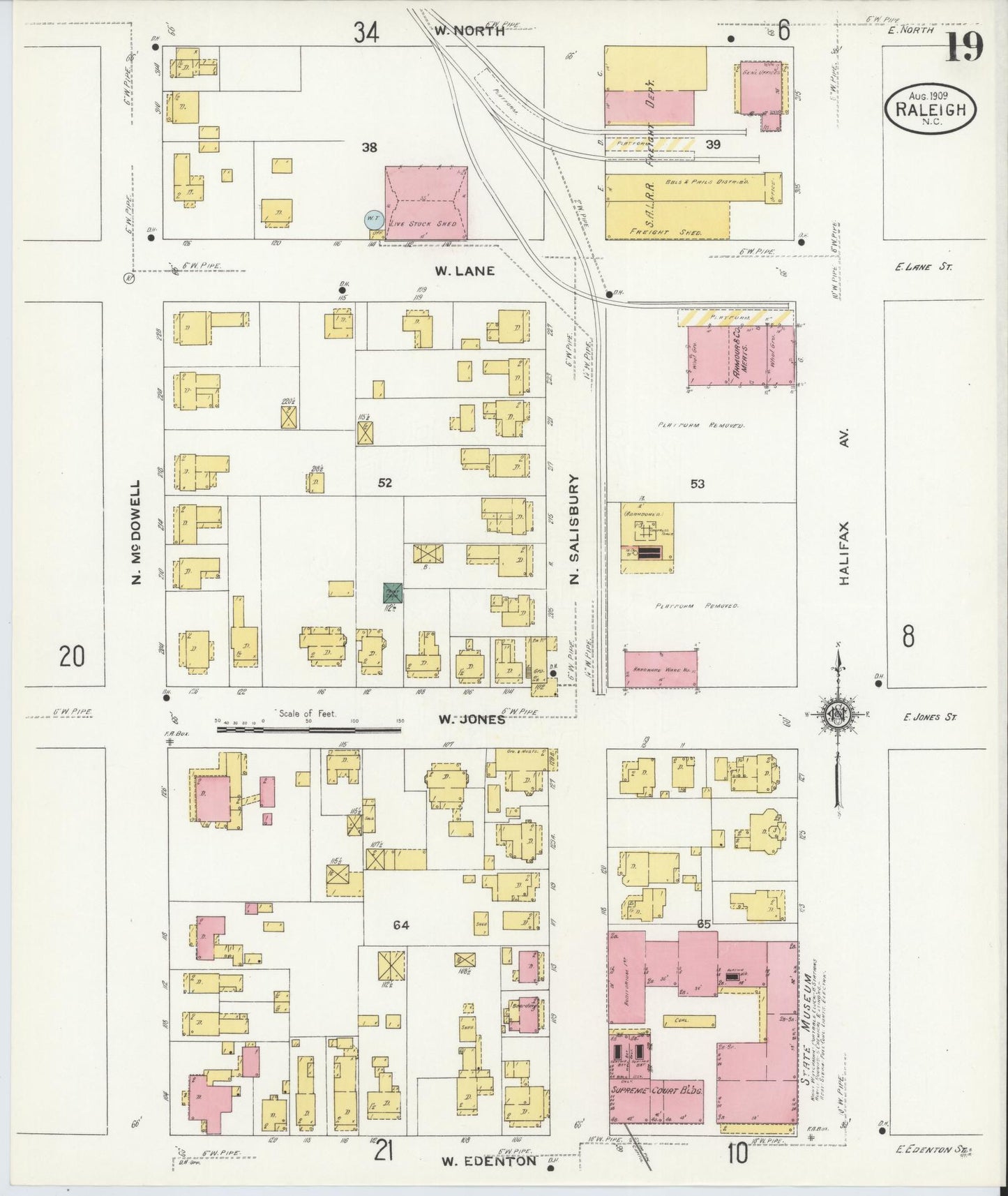 Sanborn Fire Insurance Map from Raleigh, Wake County, North Carolina (1909), Sheet #0019 - Historic Sanborn Fire Insurance Map Print, vintage old map wall art, antique decor, genealogy gift, North Carolina North Carolina map