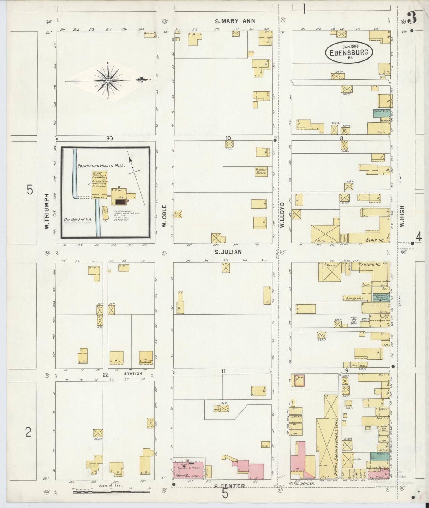 Sanborn Fire Insurance Map from Ebensburg, Cambria County, Pennsylvania (1899), Sheet #0003 - Historic Sanborn Fire Insurance Map Print, vintage old map wall art, antique decor, genealogy gift, Pennsylvania Pennsylvania map