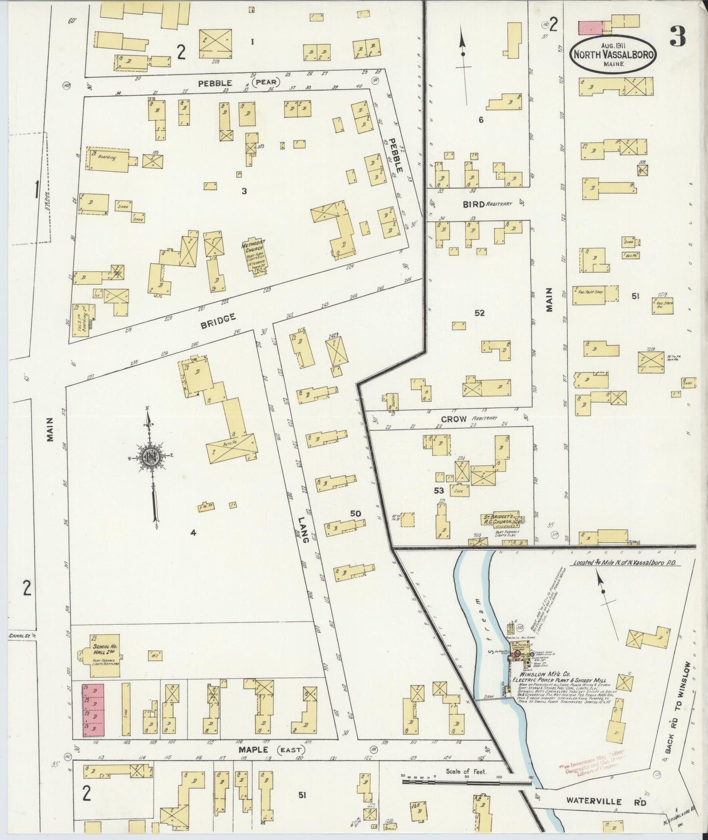Sanborn Fire Insurance Map from North Vassalboro, Kennebec County, Maine (1911), Sheet #0003 - Historic Sanborn Fire Insurance Map Print, vintage old map wall art, antique decor, genealogy gift, Maine Maine map