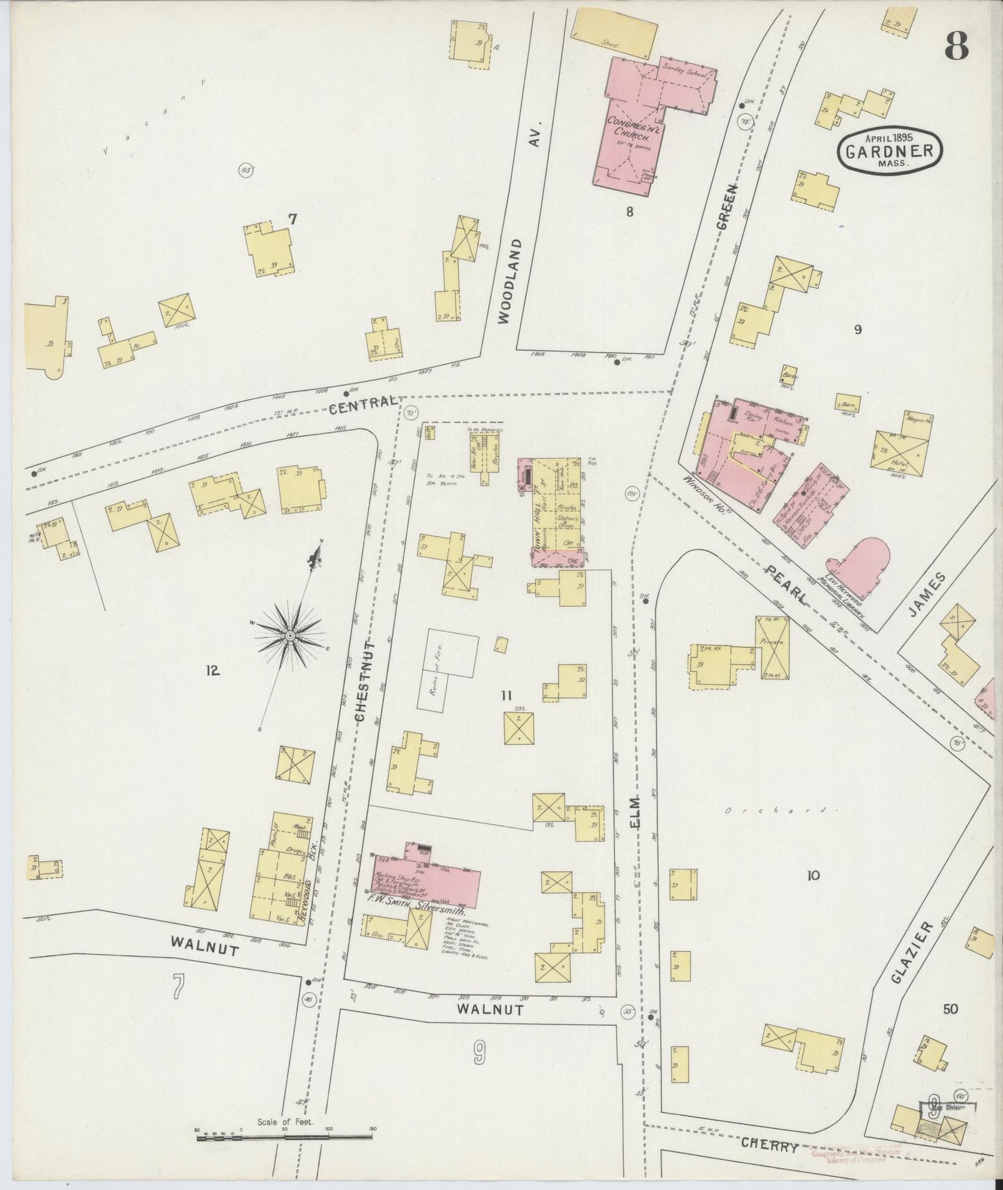 Sanborn Fire Insurance Map from Gardner, Worcester County, Massachusetts (1895), Sheet #0008 - Historic Sanborn Fire Insurance Map Print, vintage old map wall art, antique decor, genealogy gift, Massachusetts Massachusetts map