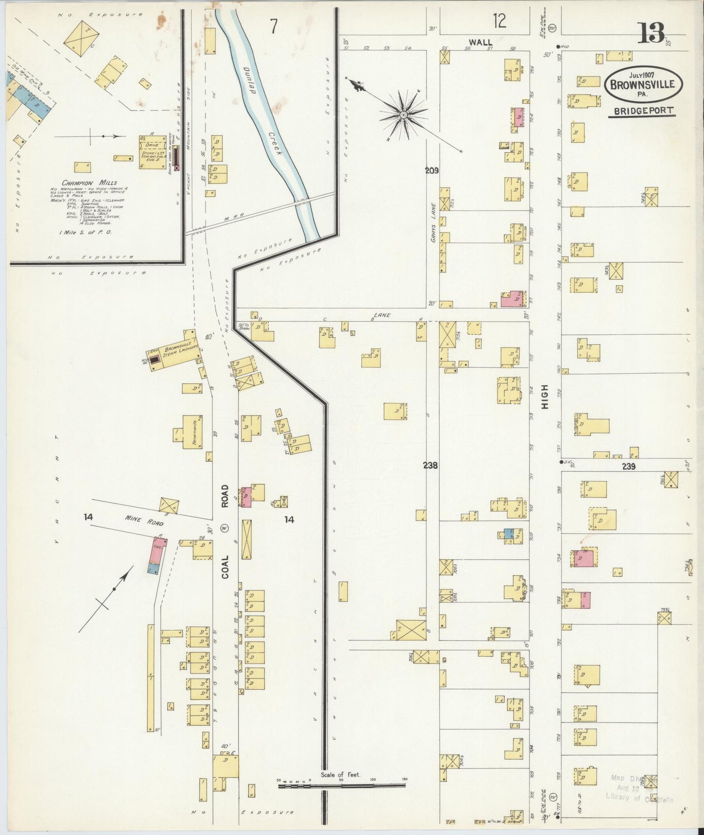 Sanborn Fire Insurance Map from Brownsville, Fayette County, Pennsylvania (1907), Sheet #0013 - Historic Sanborn Fire Insurance Map Print, vintage old map wall art, antique decor, genealogy gift, Pennsylvania Pennsylvania map
