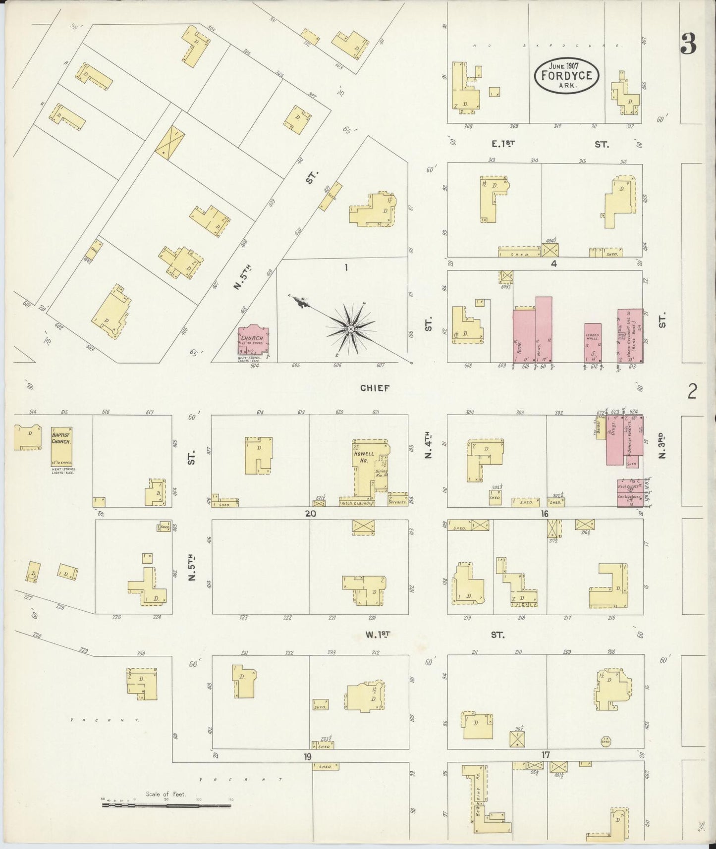 Sanborn Fire Insurance Map from Fordyce, Dallas County, Arkansas (1907), Sheet #0003 - Historic Sanborn Fire Insurance Map Print, vintage old map wall art, antique decor, genealogy gift, Arkansas Arkansas map