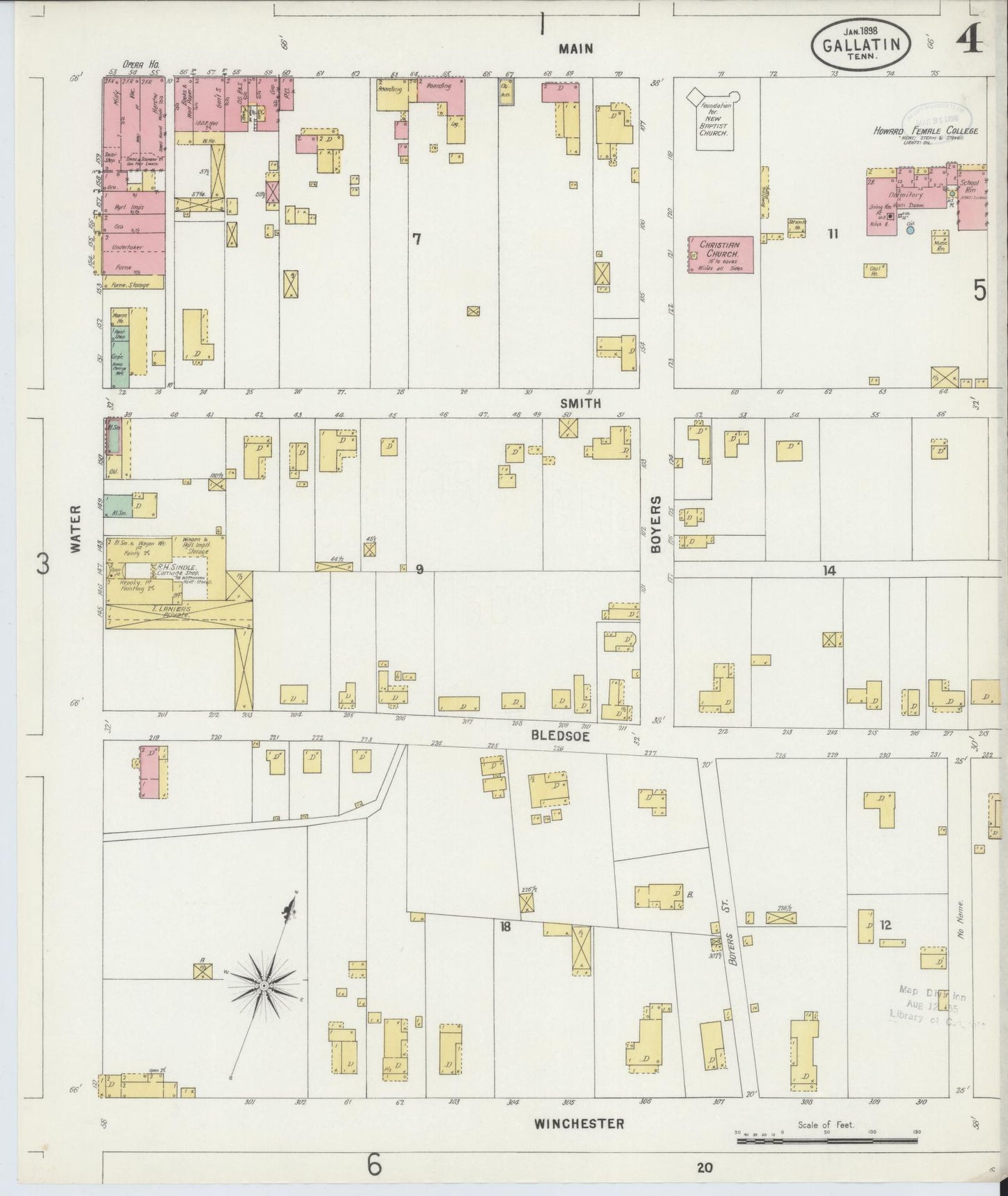 Sanborn Fire Insurance Map from Gallatin, Sumner County, Tennessee (1898), Sheet #0004 - Historic Sanborn Fire Insurance Map Print, vintage old map wall art, antique decor, genealogy gift, Tennessee Tennessee map