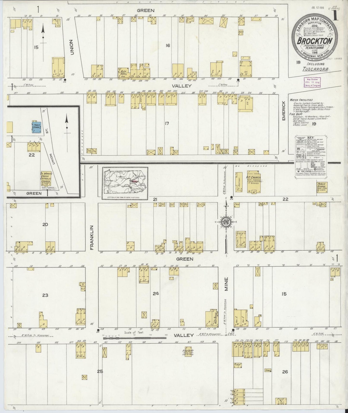 Sanborn Fire Insurance Map from Brockton, Schuylkill County, Pennsylvania (1916), Sheet #0001 - Historic Sanborn Fire Insurance Map Print, vintage old map wall art, antique decor, genealogy gift, Pennsylvania Pennsylvania map