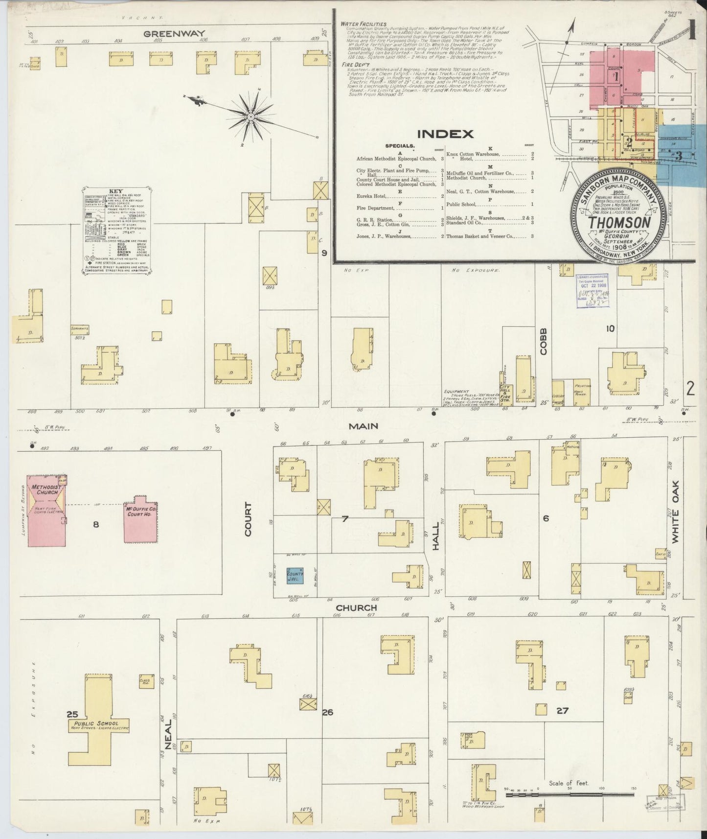 Sanborn Fire Insurance Map from Thomson, McDuffie County, Georgia (1908), Sheet #0001 - Historic Sanborn Fire Insurance Map Print, vintage old map wall art, antique decor, genealogy gift, Georgia Georgia map