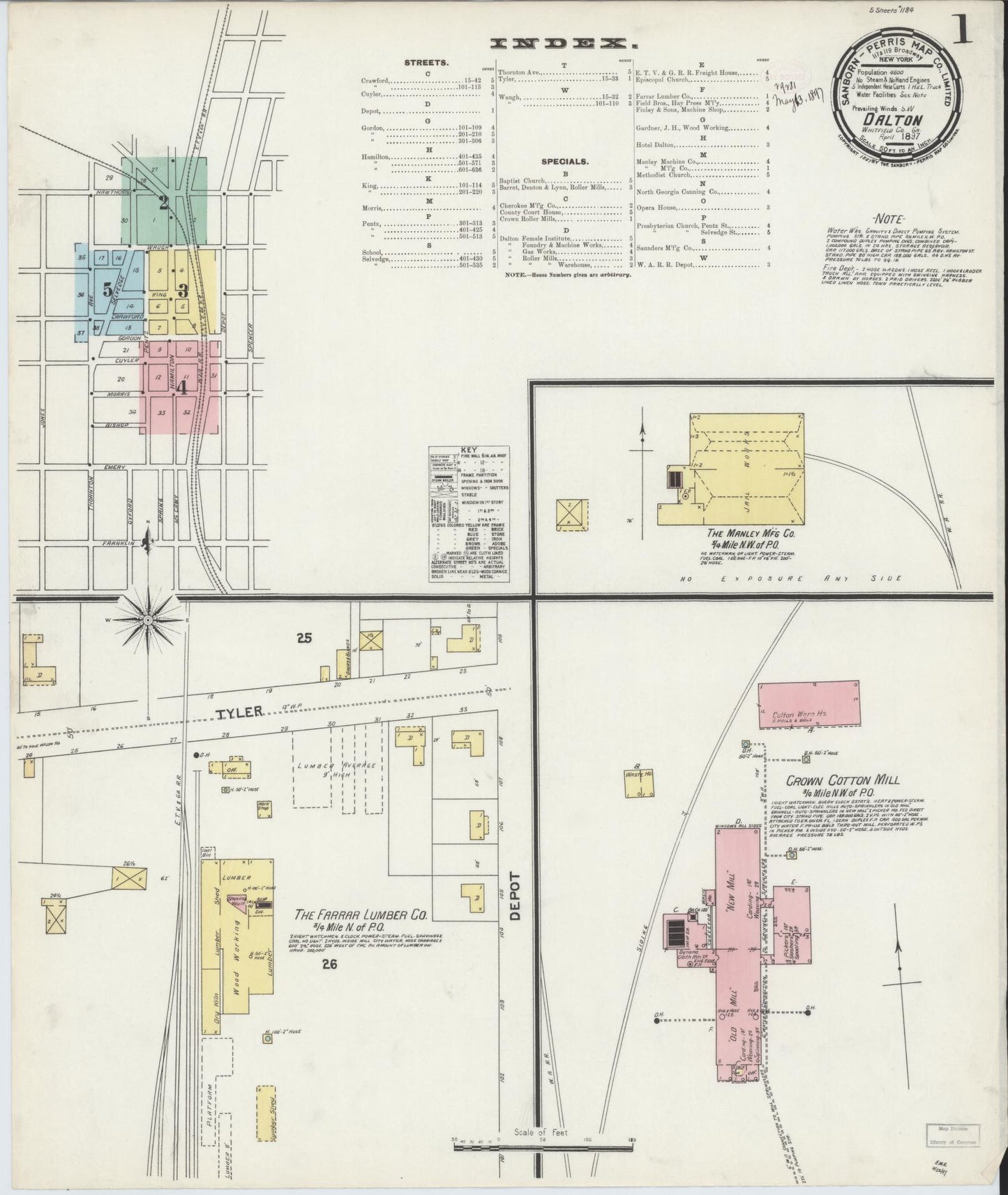 Sanborn Fire Insurance Map from Dalton, Whitfield County, Georgia (1897), Sheet #0001 - Historic Sanborn Fire Insurance Map Print, vintage old map wall art, antique decor, genealogy gift, Georgia Georgia map