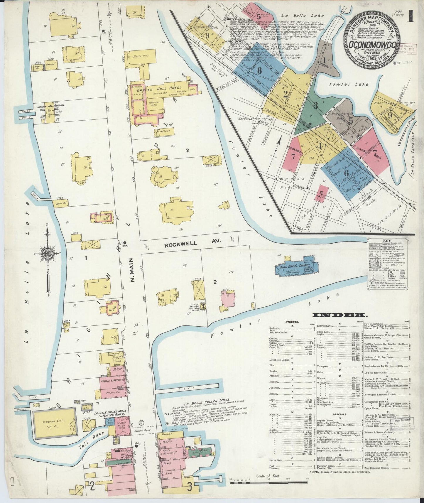 Sanborn Fire Insurance Map from Oconomowoc, Waukesha County, Wisconsin (1909), Sheet #0001 - Historic Sanborn Fire Insurance Map Print, vintage old map wall art, antique decor, genealogy gift, Wisconsin Wisconsin map
