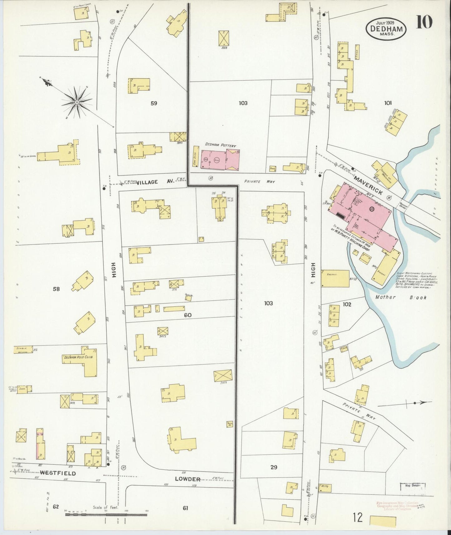 Sanborn Fire Insurance Map from Dedham, Norfolk County, Massachusetts (1909), Sheet #0010 - Historic Sanborn Fire Insurance Map Print, vintage old map wall art, antique decor, genealogy gift, Massachusetts Massachusetts map