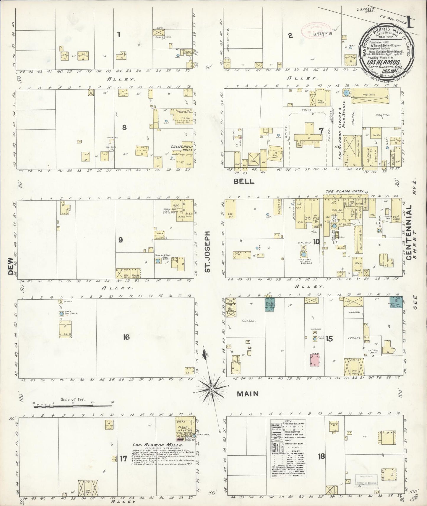Sanborn Fire Insurance Map from Los Alamos, Santa Barbara County, California (1891), Sheet #0001 - Historic Sanborn Fire Insurance Map Print, vintage old map wall art, antique decor, genealogy gift, California California map