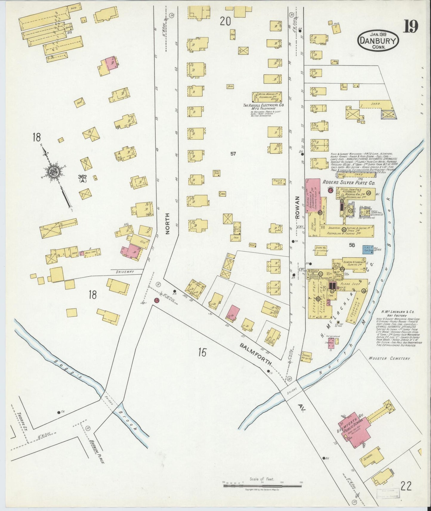 Sanborn Fire Insurance Map from Danbury, Fairfield County, Connecticut (1919), Sheet #0019 - Historic Sanborn Fire Insurance Map Print, vintage old map wall art, antique decor, genealogy gift, Connecticut Connecticut map