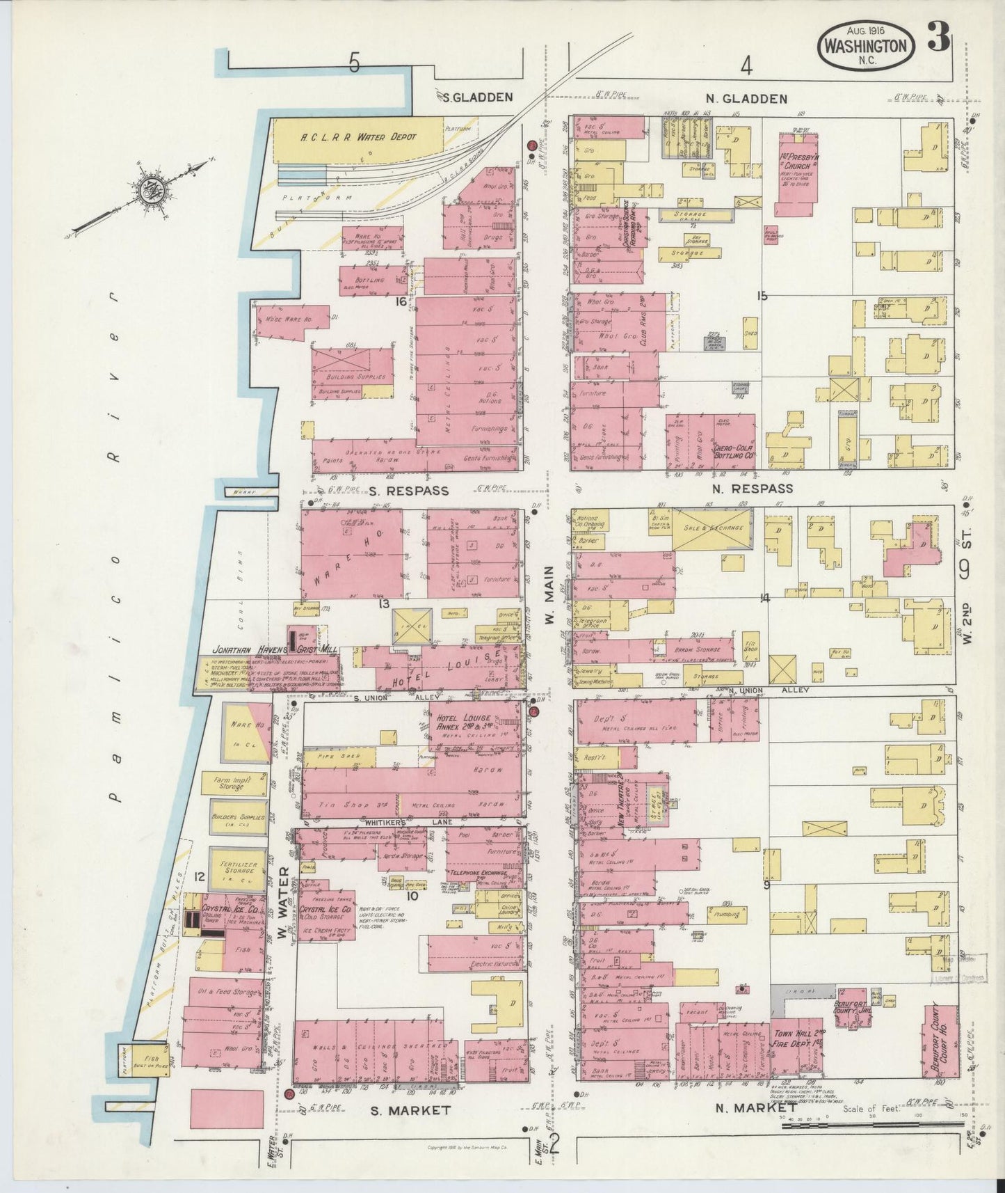 Sanborn Fire Insurance Map from Washington, Beaufort County, North Carolina (1916), Sheet #0003 - Historic Sanborn Fire Insurance Map Print, vintage old map wall art, antique decor, genealogy gift, North Carolina North Carolina map