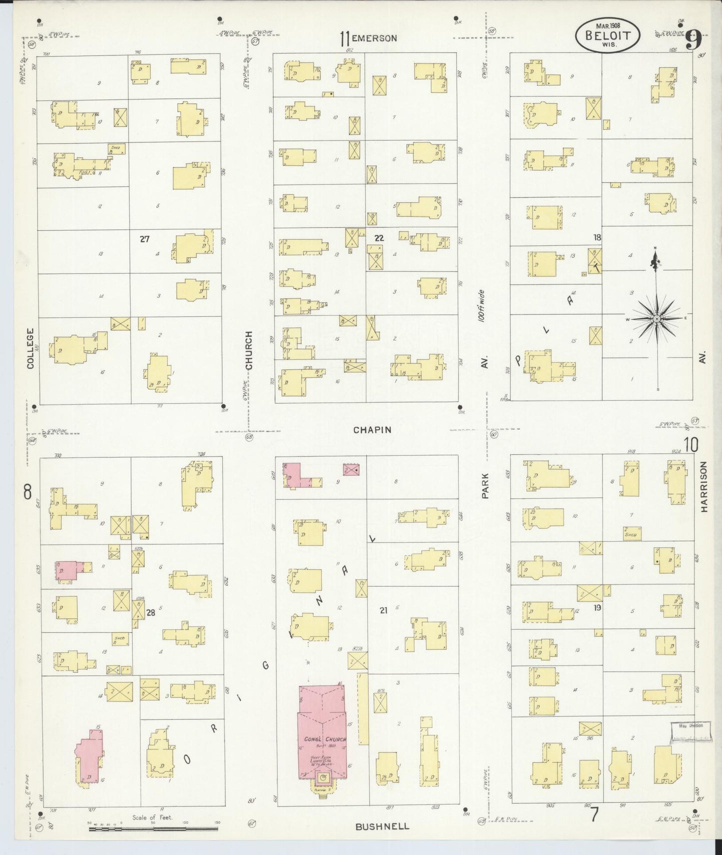 Sanborn Fire Insurance Map from Beloit, Rock County, Wisconsin (1908), Sheet #0009 - Historic Sanborn Fire Insurance Map Print, vintage old map wall art, antique decor, genealogy gift, Wisconsin Wisconsin map