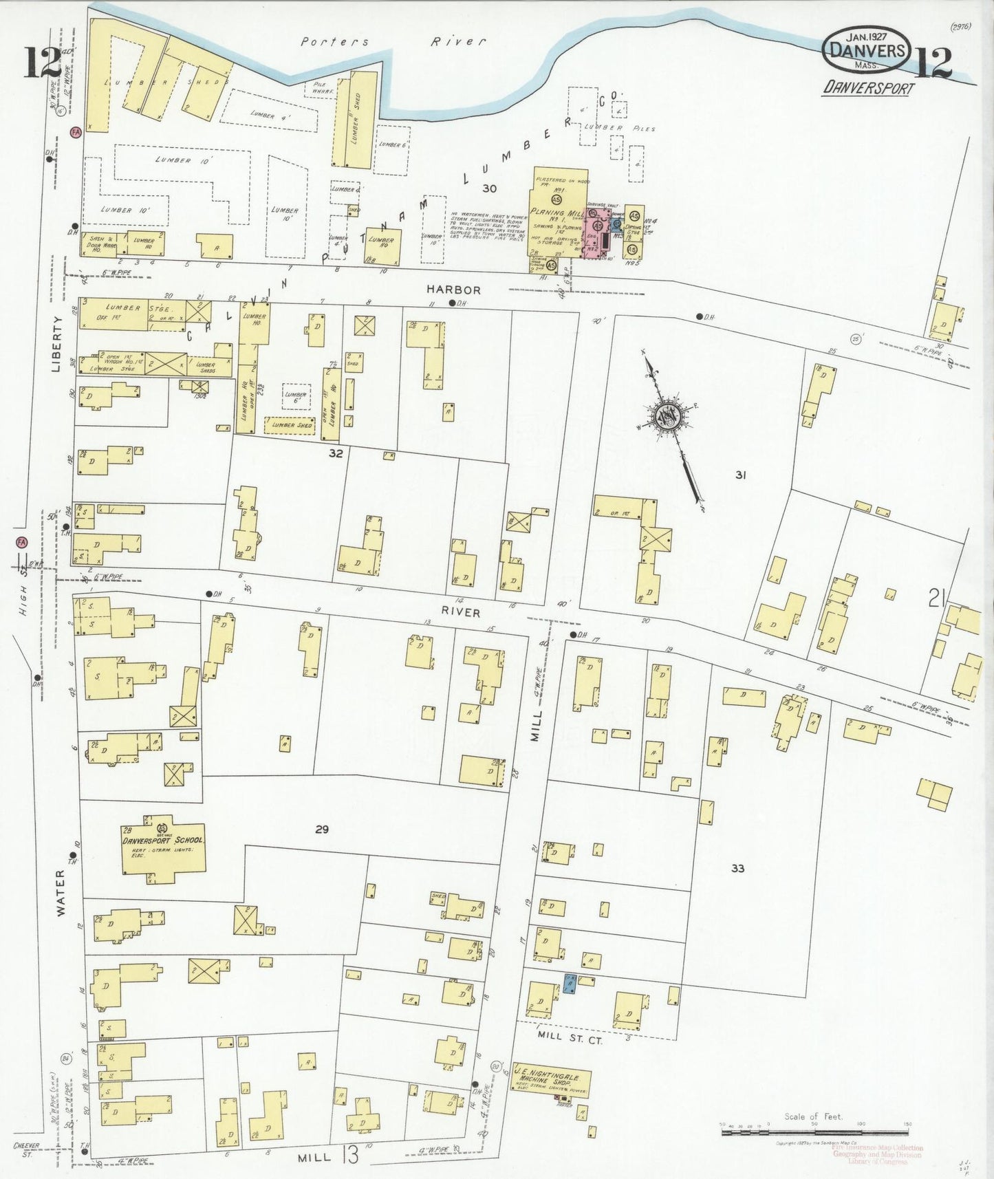 Sanborn Fire Insurance Map from Danvers, Essex County, Massachusetts (1927), Sheet #0012 - Historic Sanborn Fire Insurance Map Print, vintage old map wall art, antique decor, genealogy gift, Massachusetts Massachusetts map