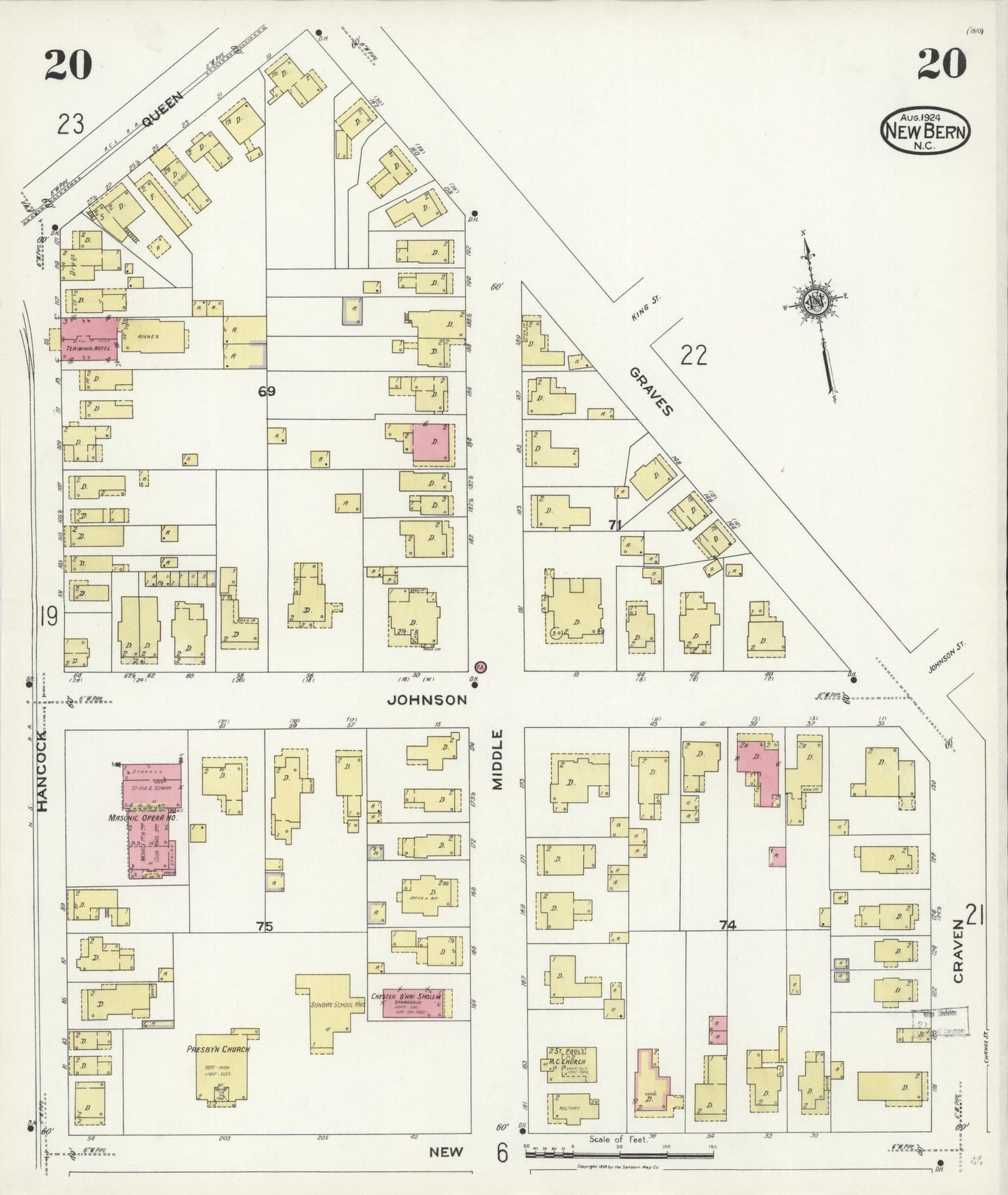 Sanborn Fire Insurance Map from New Bern, Craven County, North Carolina (1924), Sheet #0020 - Historic Sanborn Fire Insurance Map Print, vintage old map wall art, antique decor, genealogy gift, North Carolina North Carolina map