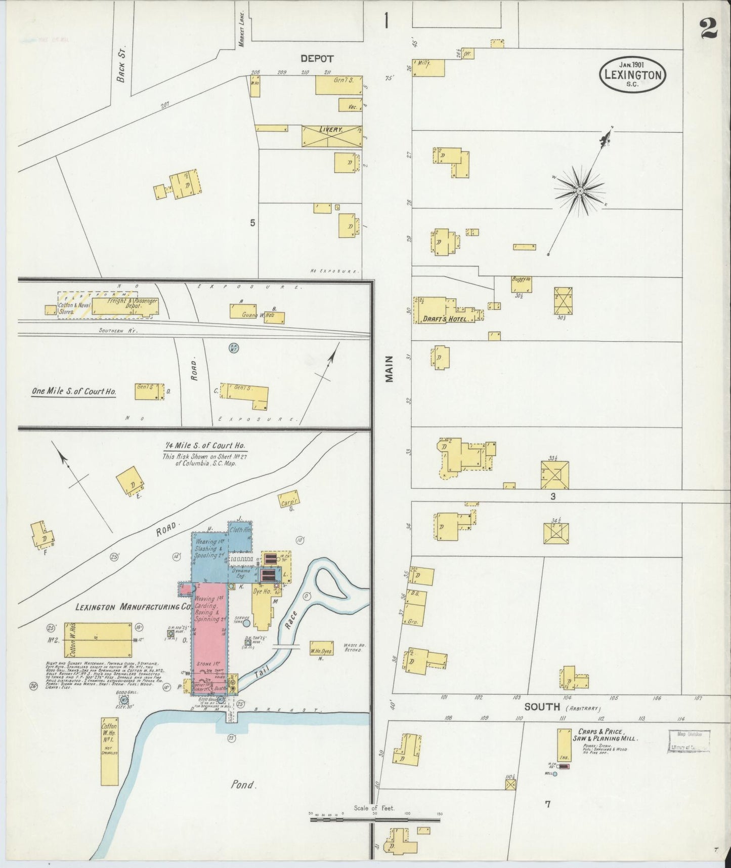 Sanborn Fire Insurance Map from Lexington, Lexington County, South Carolina (1901), Sheet #0002 - Historic Sanborn Fire Insurance Map Print, vintage old map wall art, antique decor, genealogy gift, South Carolina South Carolina map