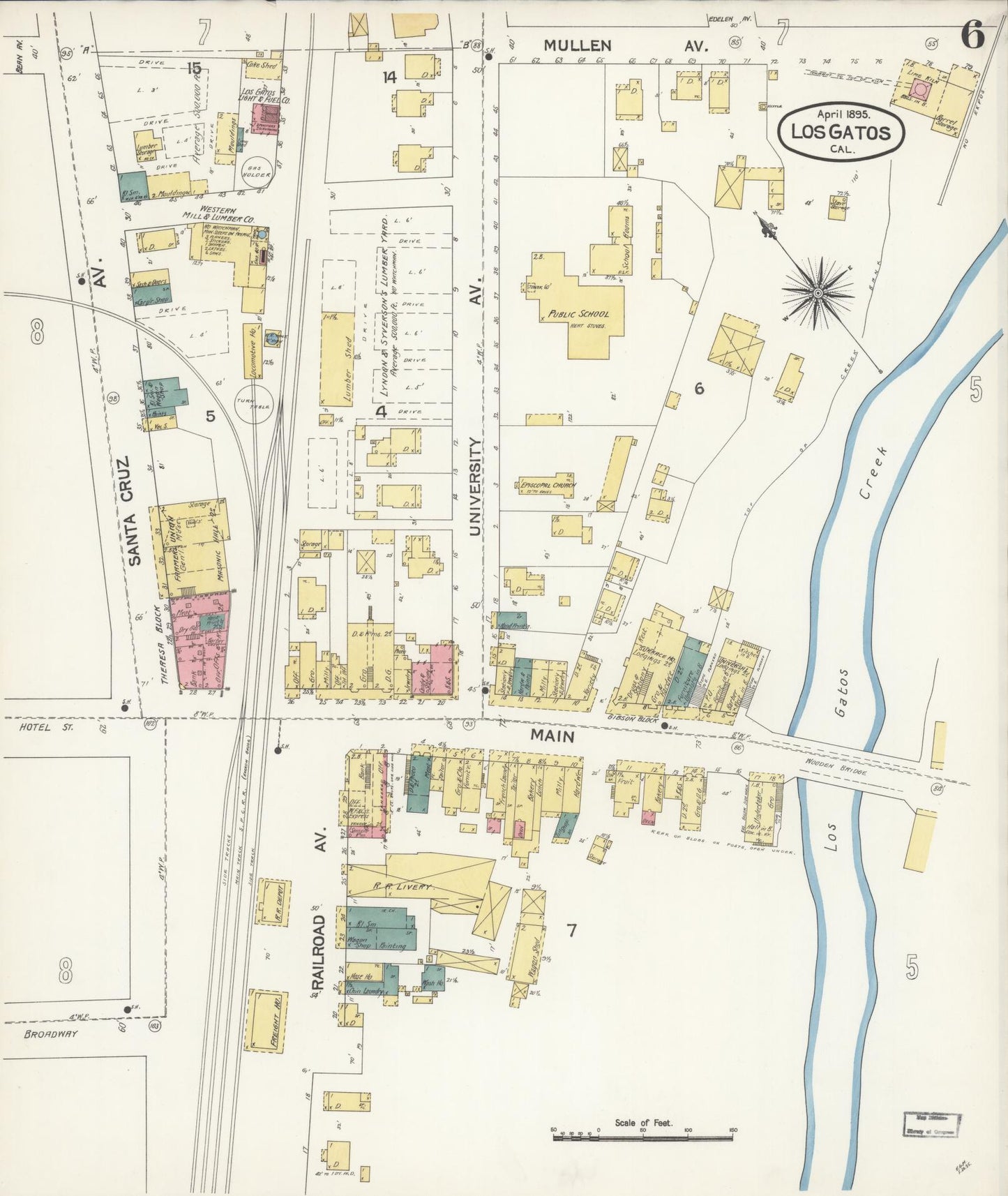 Sanborn Fire Insurance Map from Los Gatos, Santa Clara County, California (1895), Sheet #0006 - Historic Sanborn Fire Insurance Map Print, vintage old map wall art, antique decor, genealogy gift, California California map