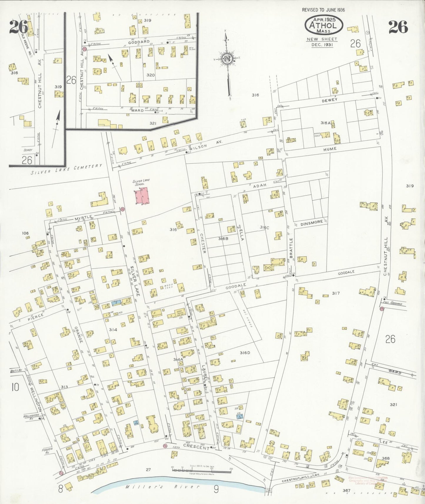 Sanborn Fire Insurance Map from Athol, Worcester County, Massachusetts (1936), Sheet #0026 - Historic Sanborn Fire Insurance Map Print, vintage old map wall art, antique decor, genealogy gift, Massachusetts Massachusetts map