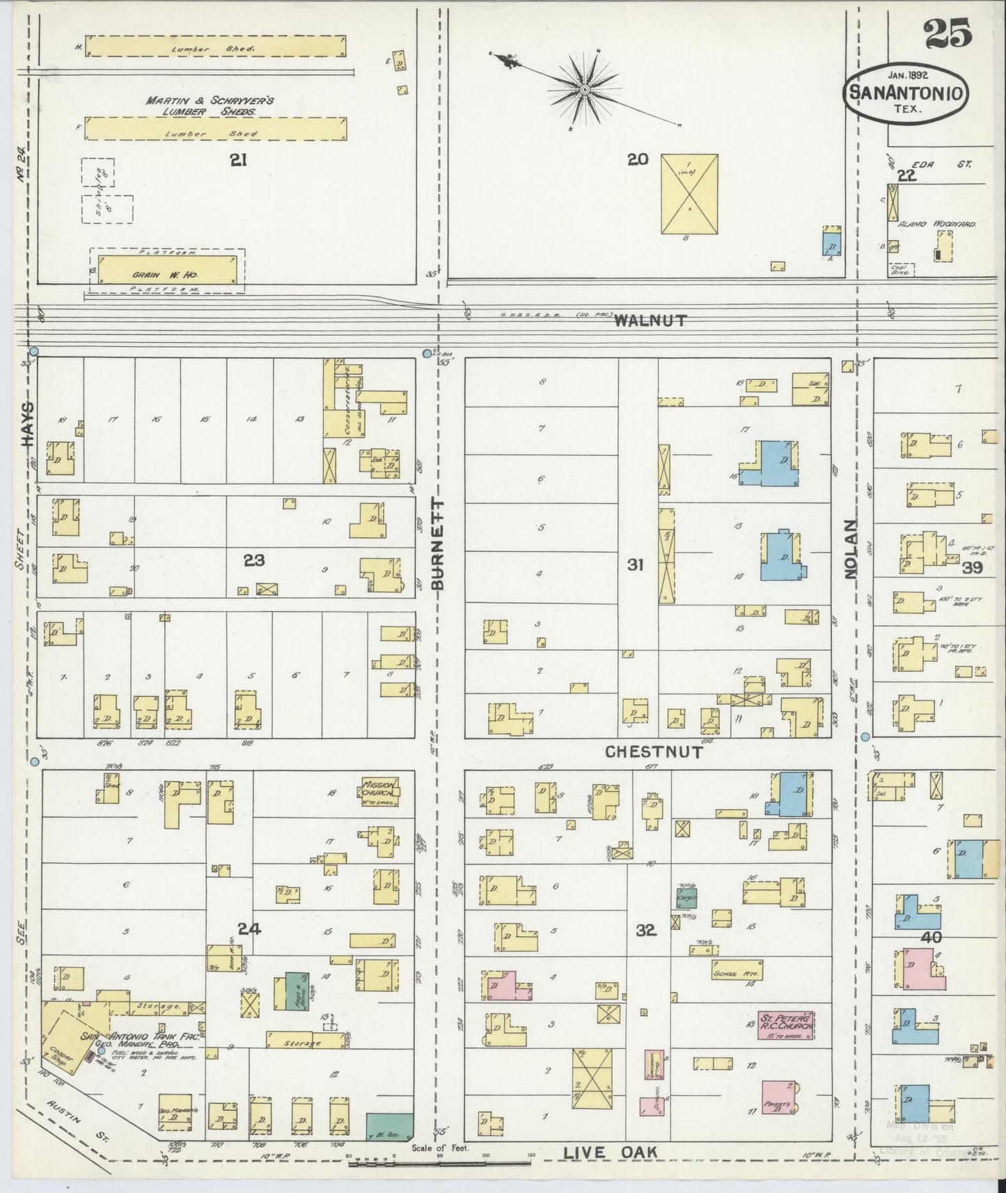 Sanborn Fire Insurance Map from San Antonio, Bexar County, Texas. (1892), Sheet 25 – Historic Sanborn Fire Insurance Map Print
