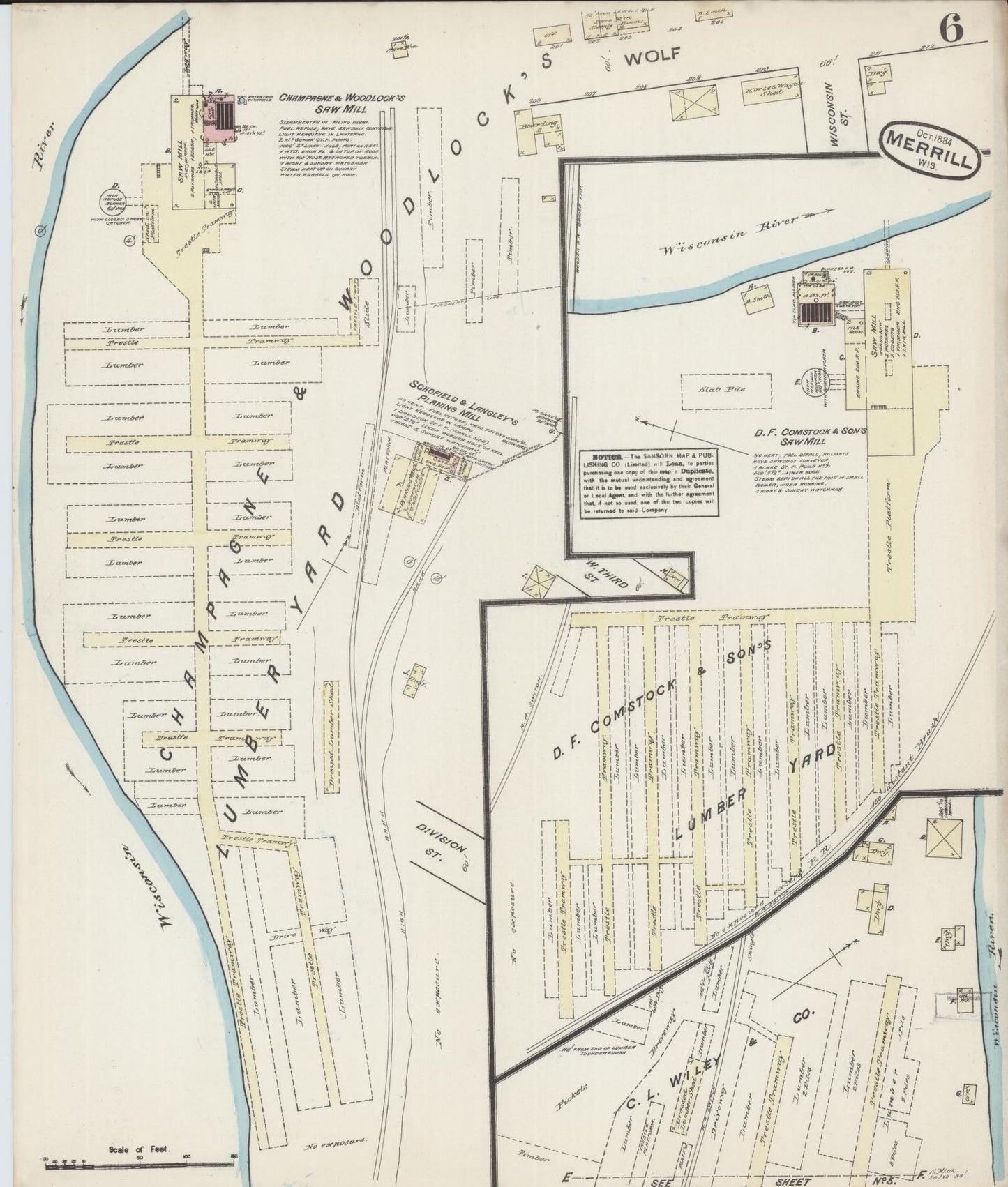 Sanborn Fire Insurance Map from Merrill, Lincoln County, Wisconsin (1884), Sheet #0006 - Historic Sanborn Fire Insurance Map Print, vintage old map wall art, antique decor, genealogy gift, Wisconsin Wisconsin map